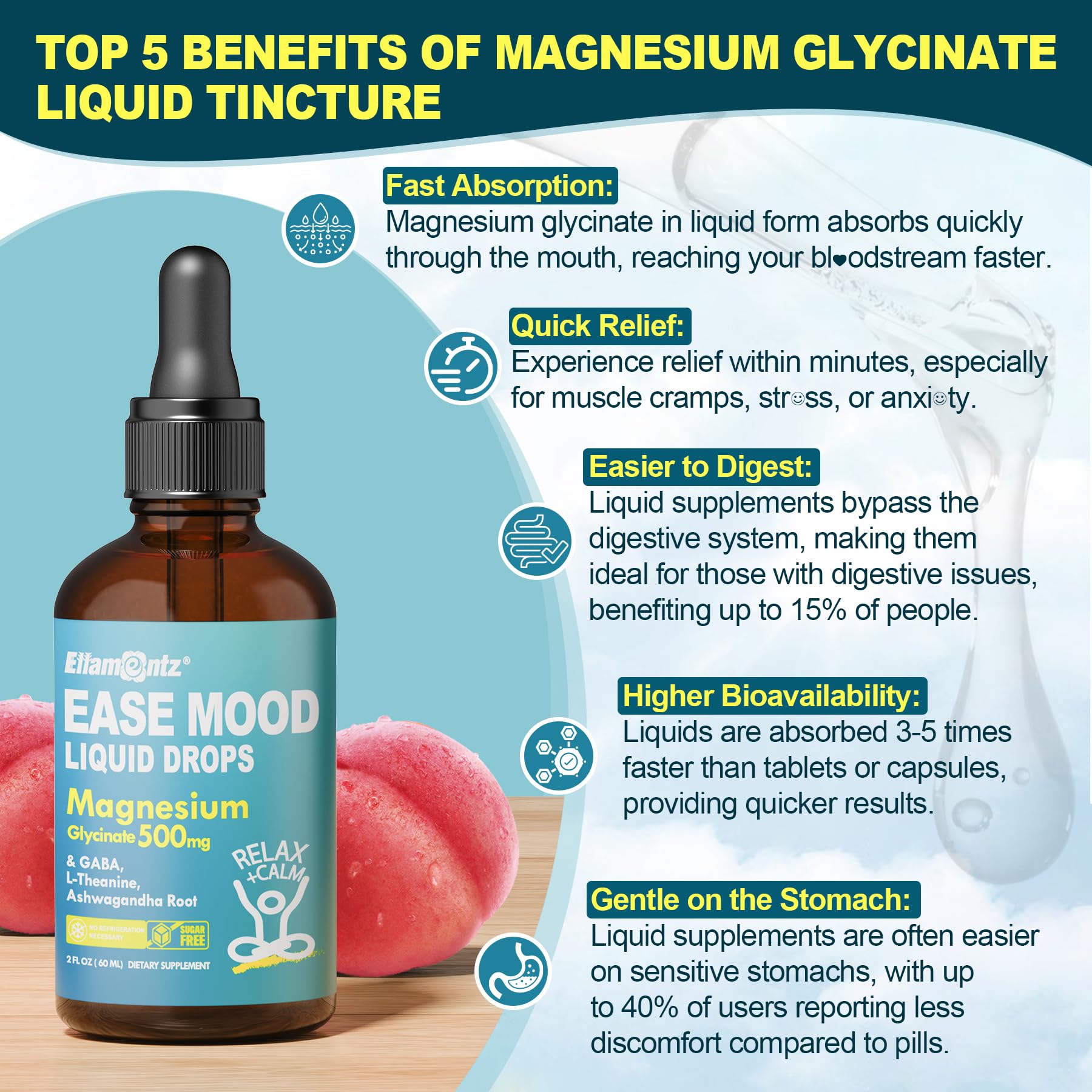 ELLAMENTZ Magnesium Glycinate Liquid Supplement in a glass