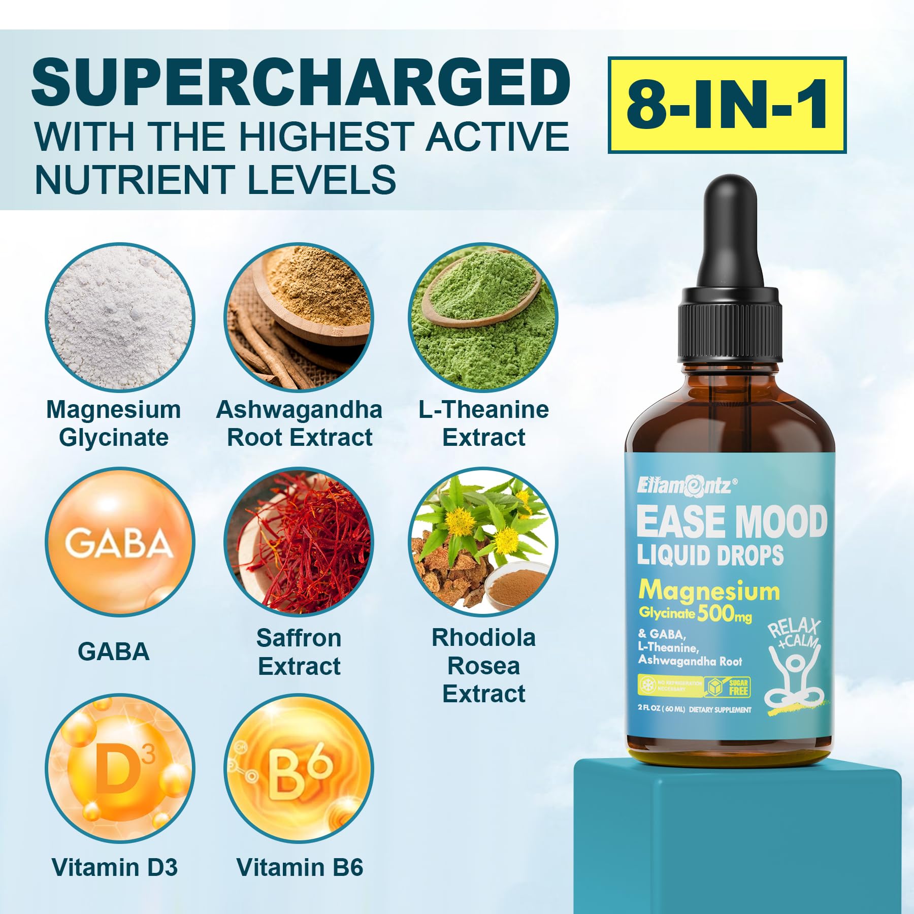 ELLAMENTZ Magnesium Glycinate Liquid Supplement on a kitchen counter
