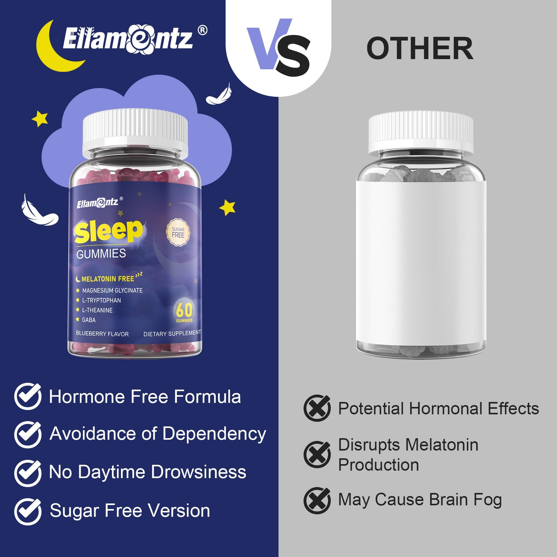 ELLAMENTZ Melatonin-Free Gummies with a hand holding a gummy