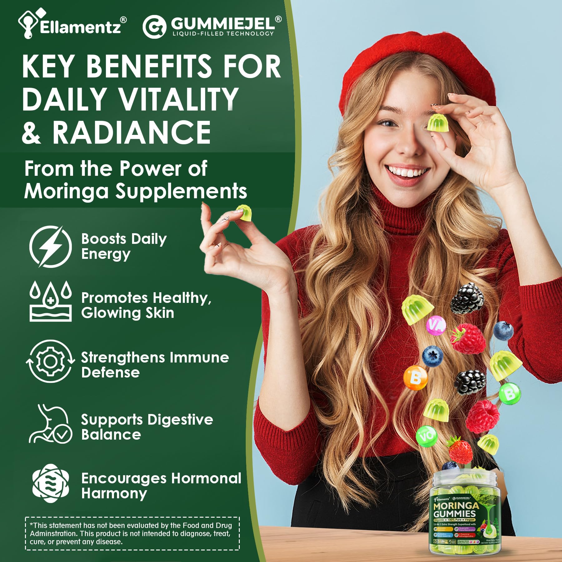 ELLAMENTZ Moringa Gummies back view with ingredient list