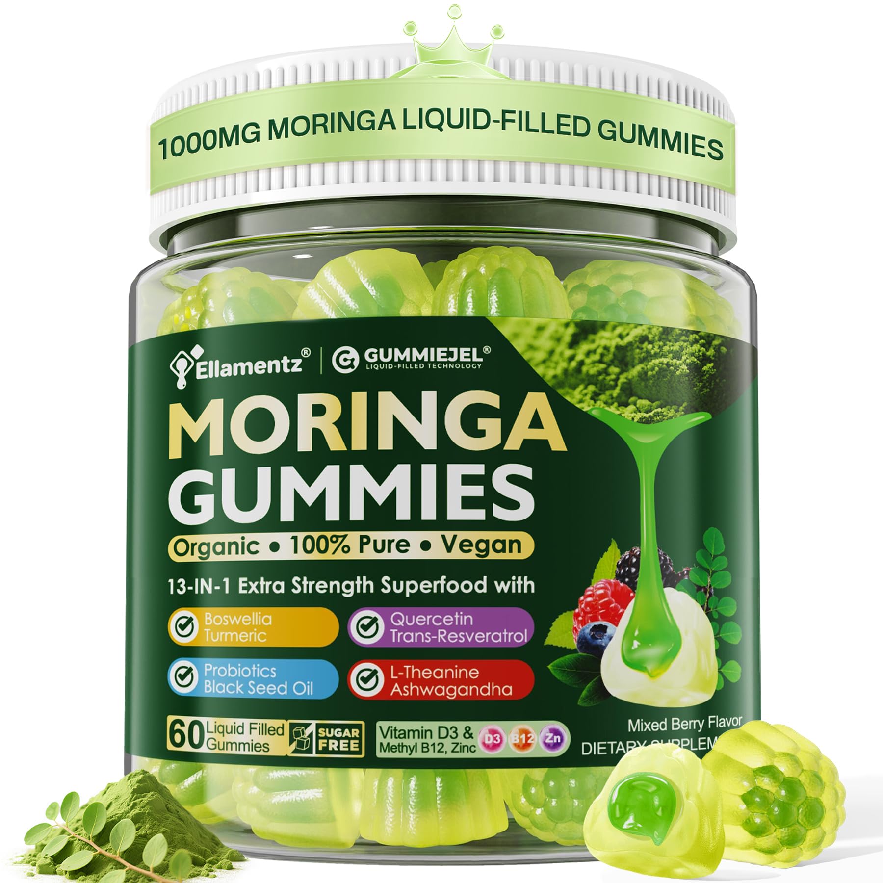 ELLAMENTZ Moringa Gummies front view with packaging