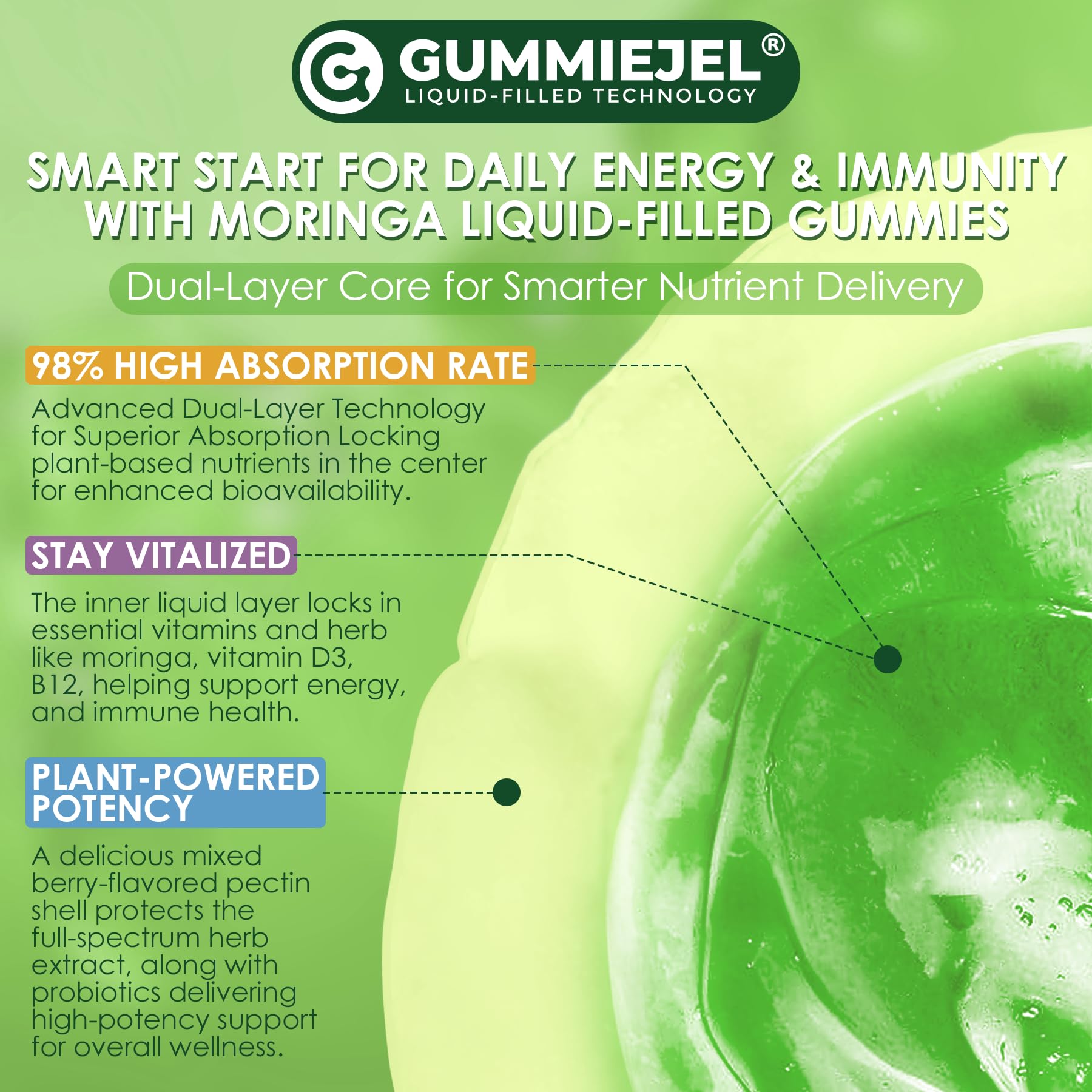 ELLAMENTZ Moringa Gummies with stevia and monk fruit ingredients