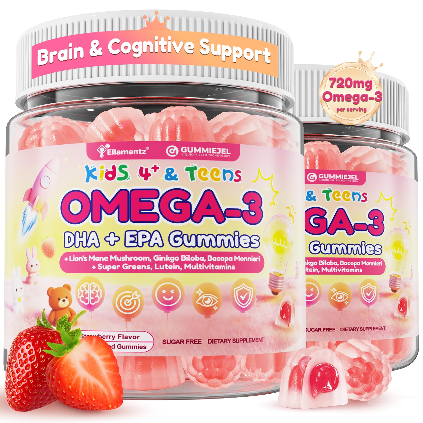 ELLAMENTZ Omega-3 Kids Gummies front view, 490g packaging