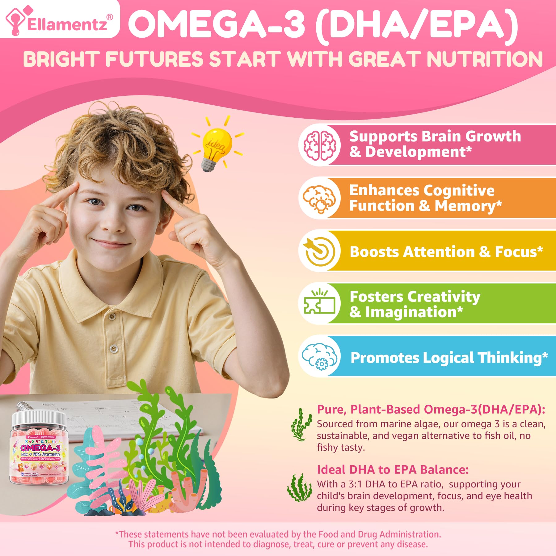 ELLAMENTZ Omega-3 Kids Gummies side view showing gummy texture