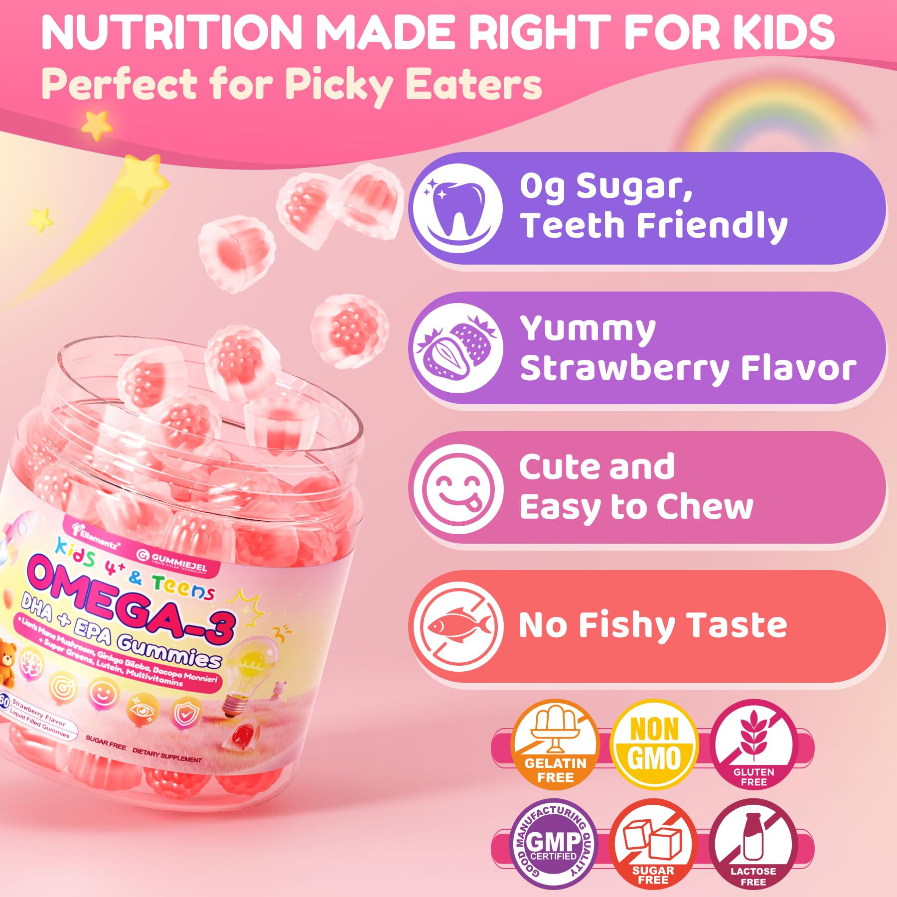 ELLAMENTZ Omega-3 Kids Gummies with a measuring spoon