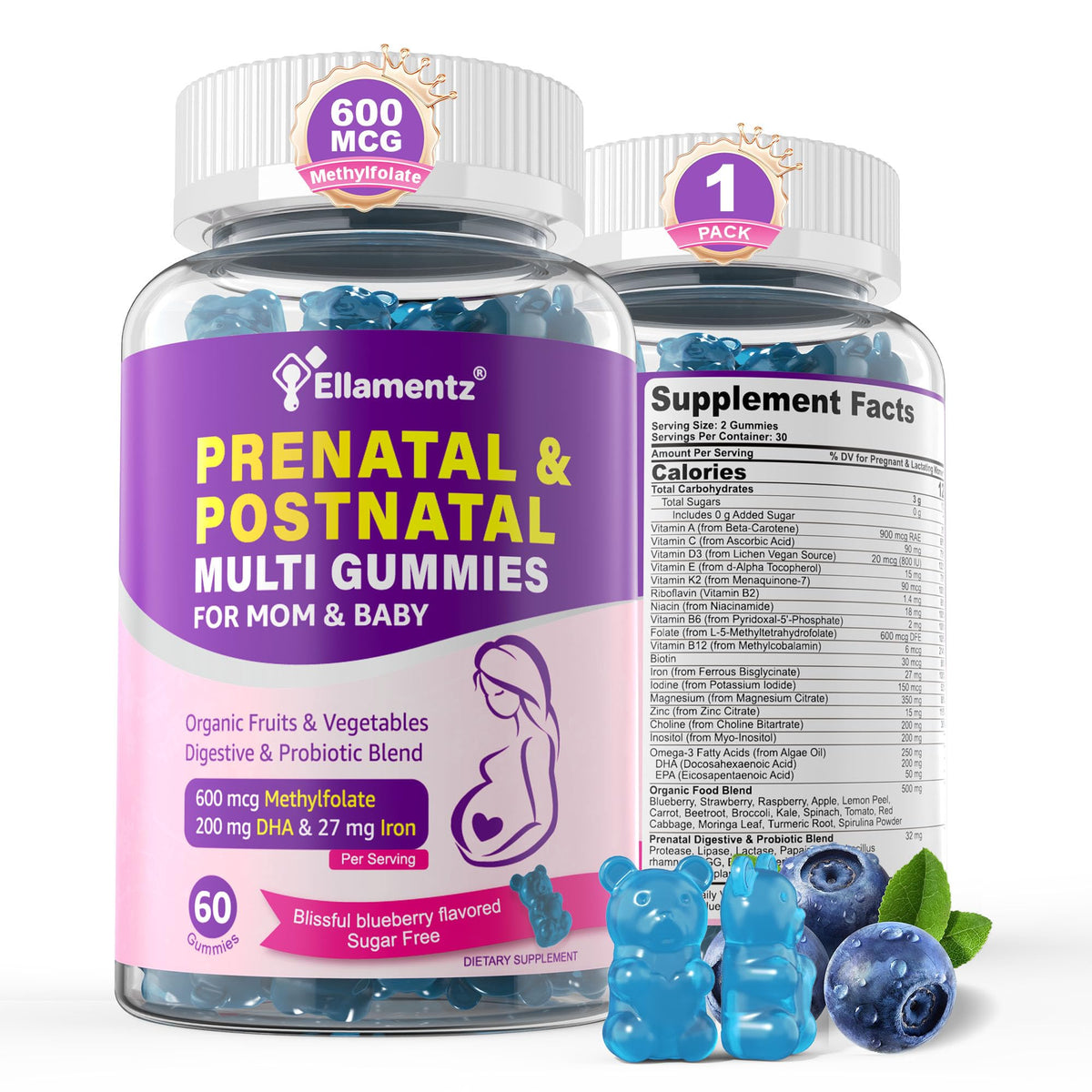ELLAMENTZ Prenatal Multivitamin Gummies 60 Count front view