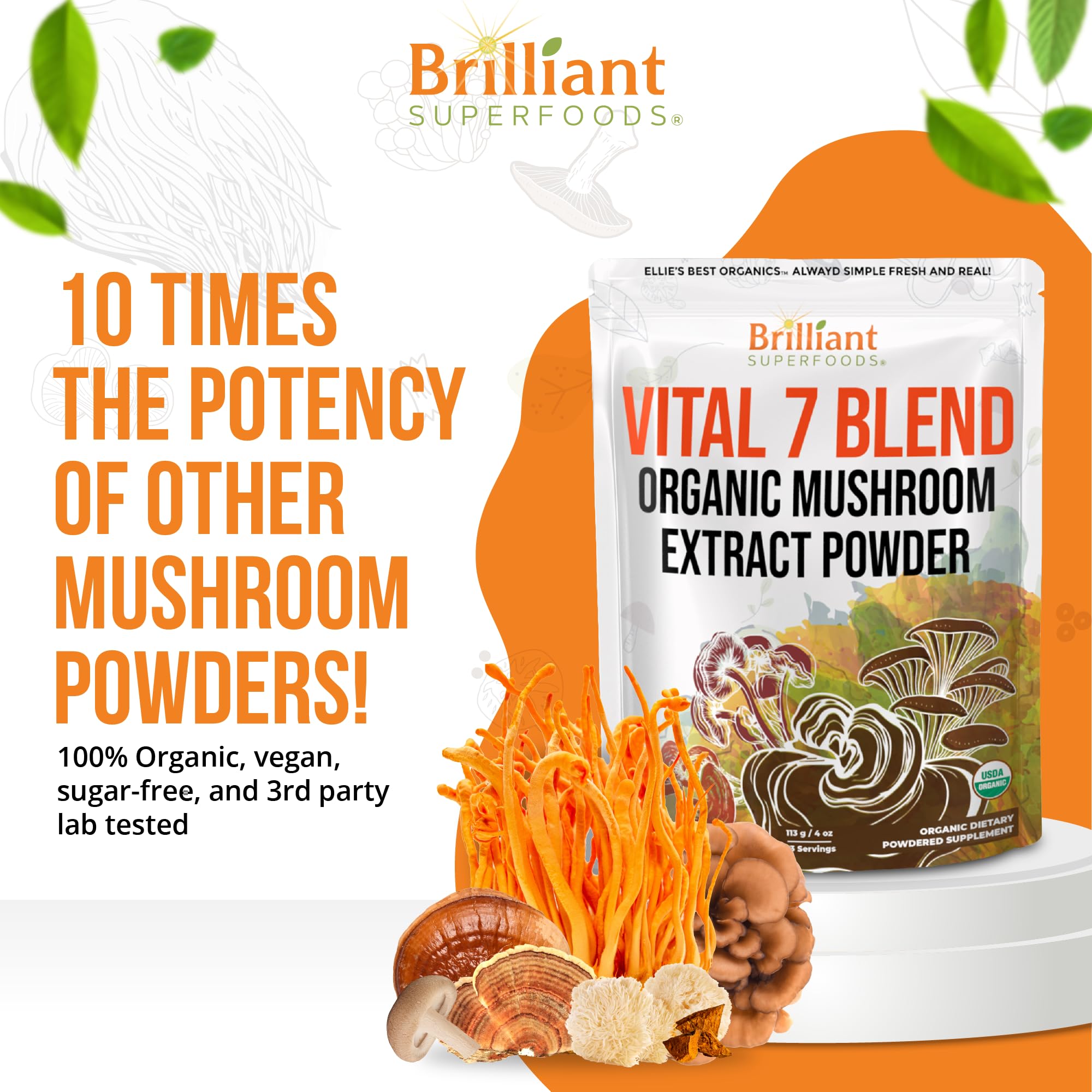 Ellie's Best Vital 7 Mushroom Blend on a kitchen counter