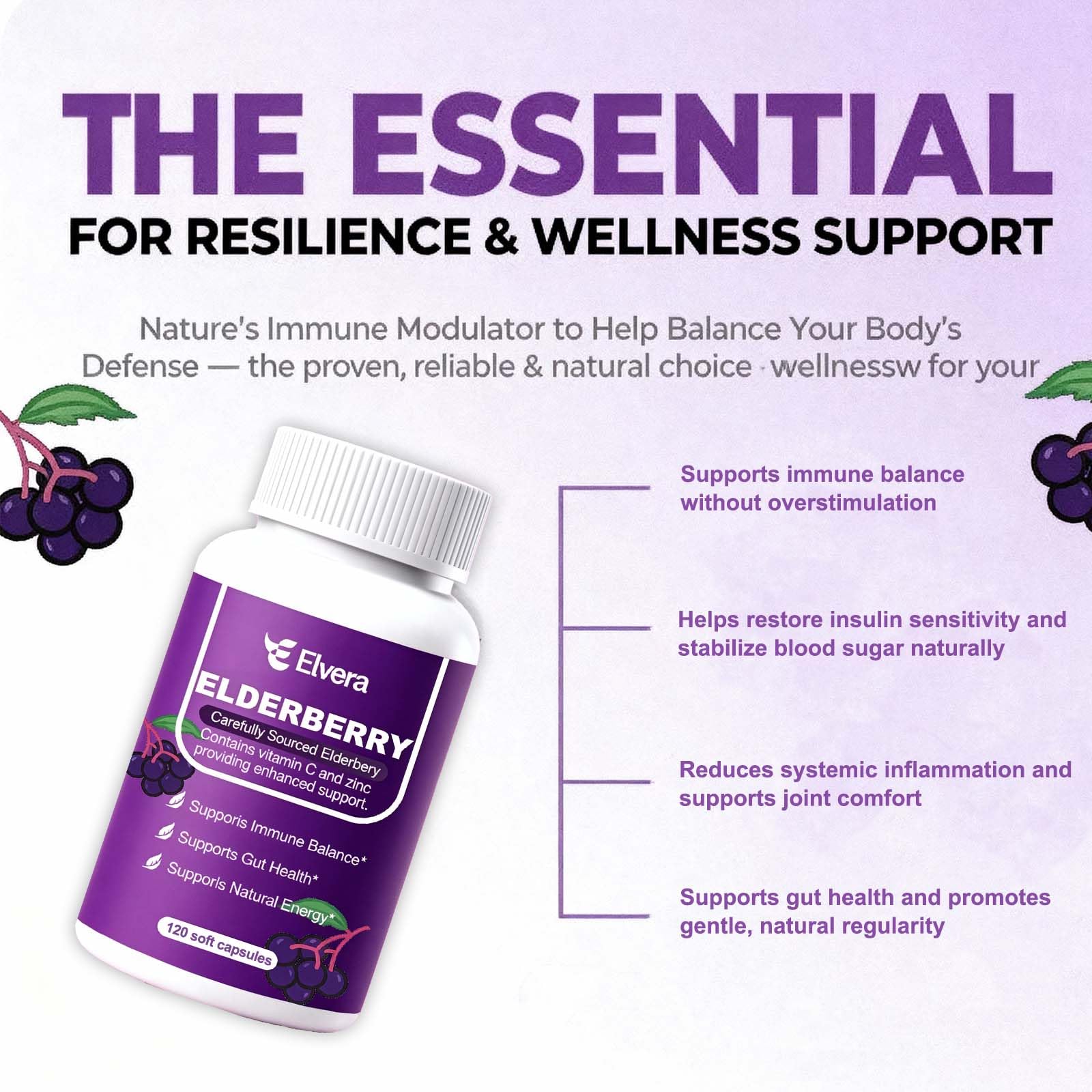 ELSORY Elvera Elderberry capsules on a wooden surface