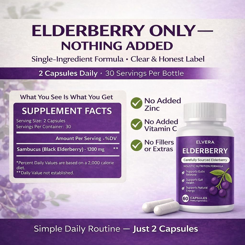 ELVERA Organic Black Elderberry Capsules side view showing capsule details