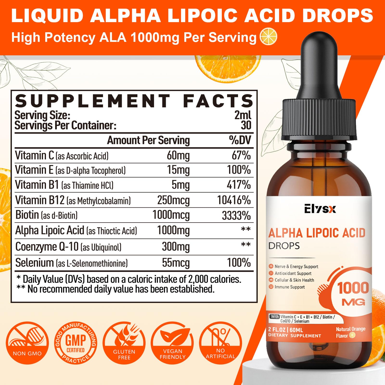 Elysx Alpha Lipoic Acid Liquid Drops 1000mg bottle with dropper
