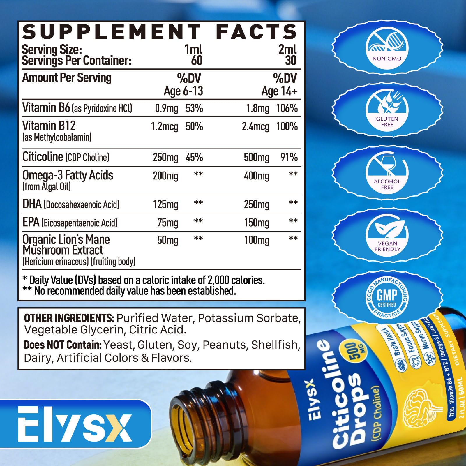 Elysx Citicoline Drops 500mg bottle side view