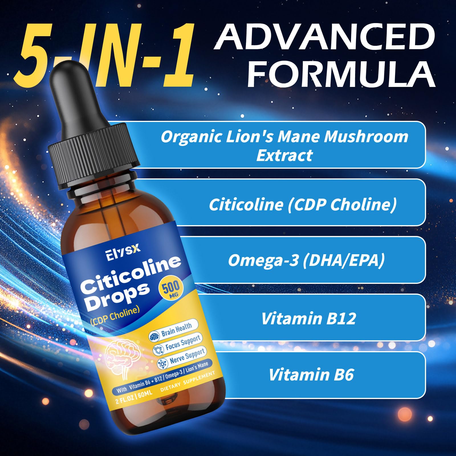 Elysx Citicoline Drops 500mg with measuring dropper