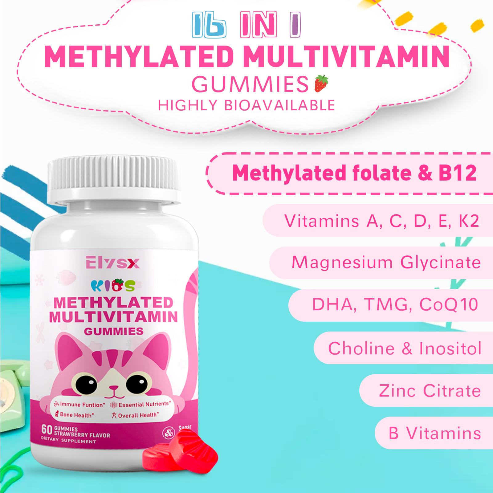 Elysx Kids Methylated Multivitamin Gummies with a hand holding a gummy