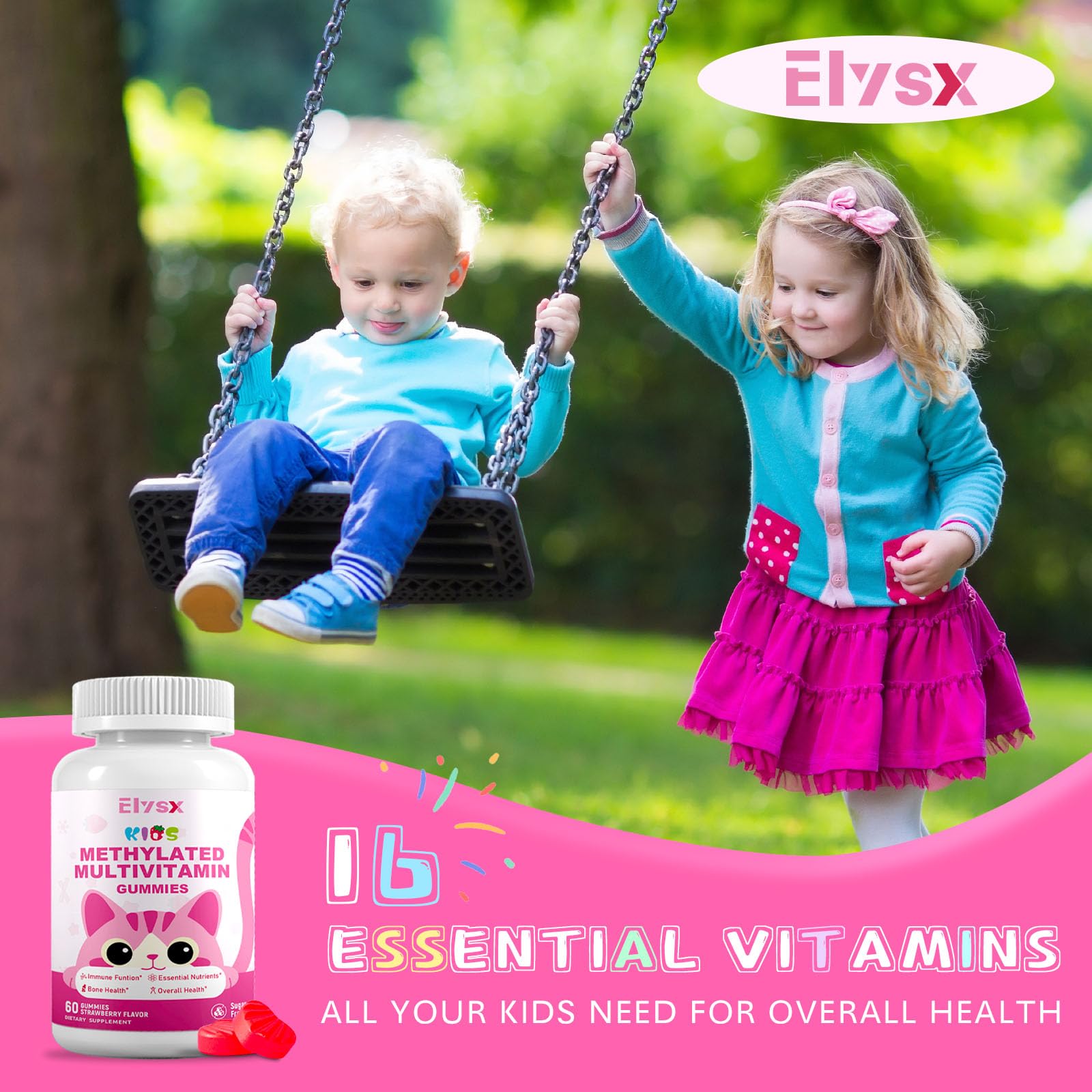Elysx Kids Methylated Multivitamin Gummies with fresh strawberries