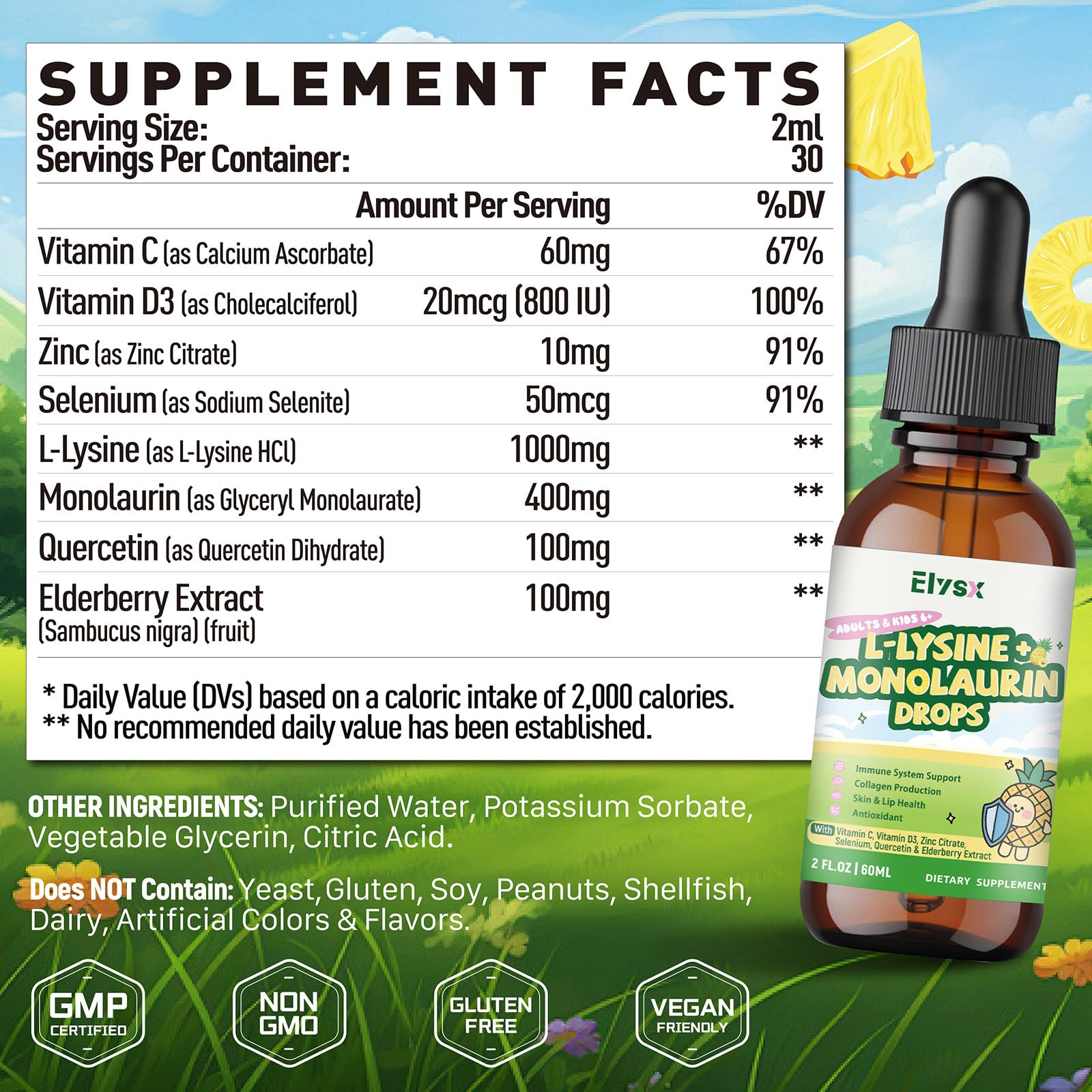 Elysx L-Lysine Monolaurin Liquid Drops 1000mg bottle side view