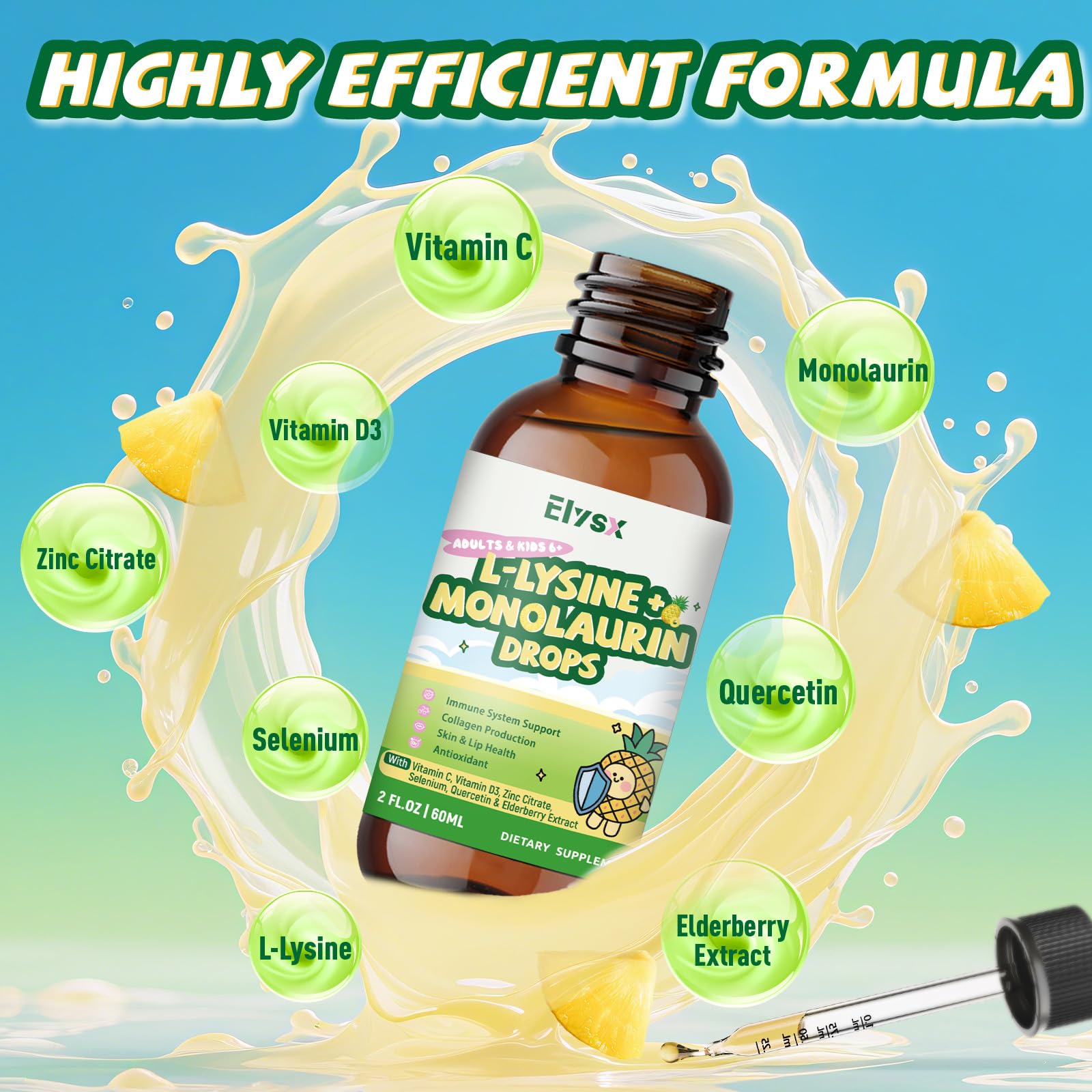 Elysx L-Lysine Monolaurin Liquid Drops 1000mg dosage dropper