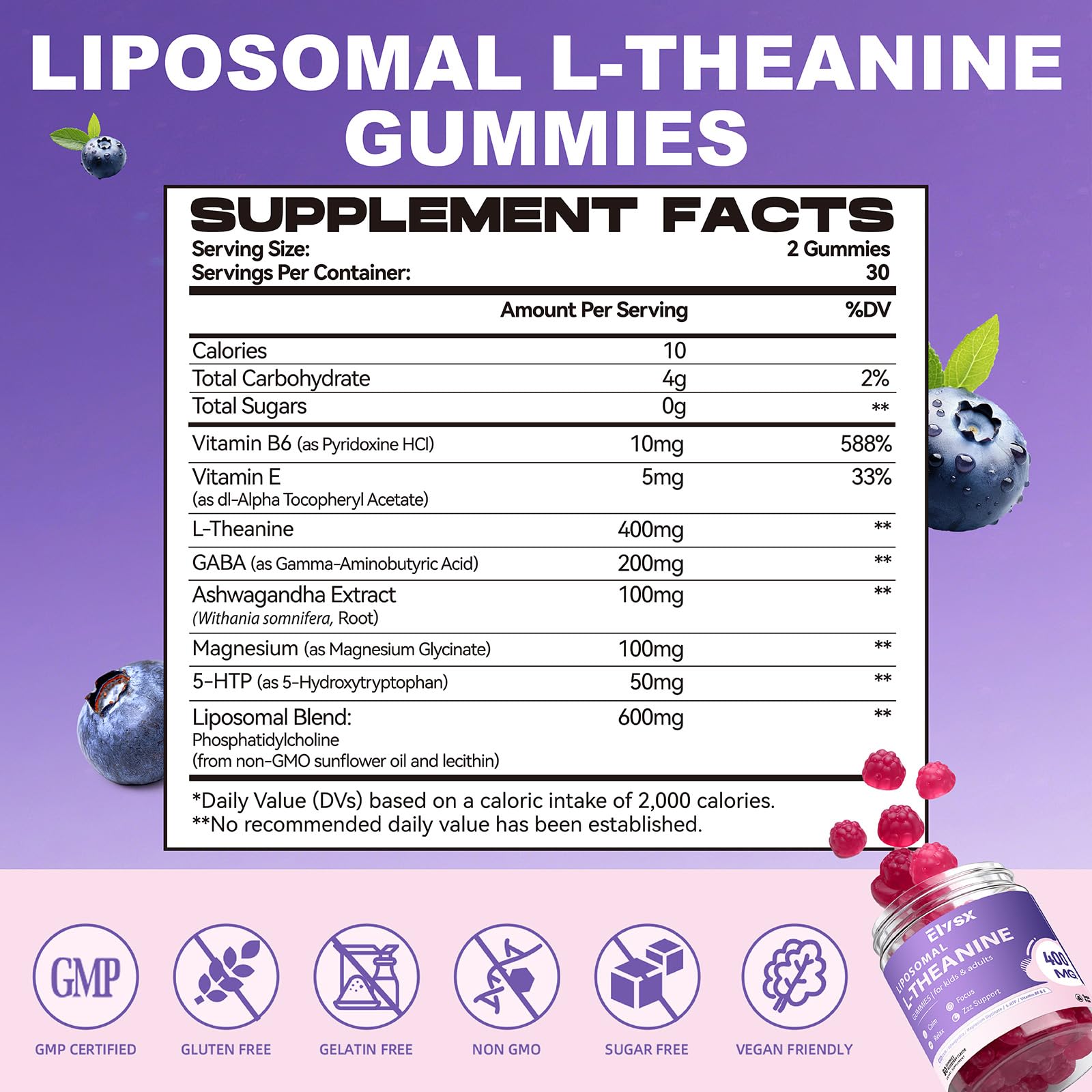 Elysx L-Theanine Gummies 400MG back view packaging