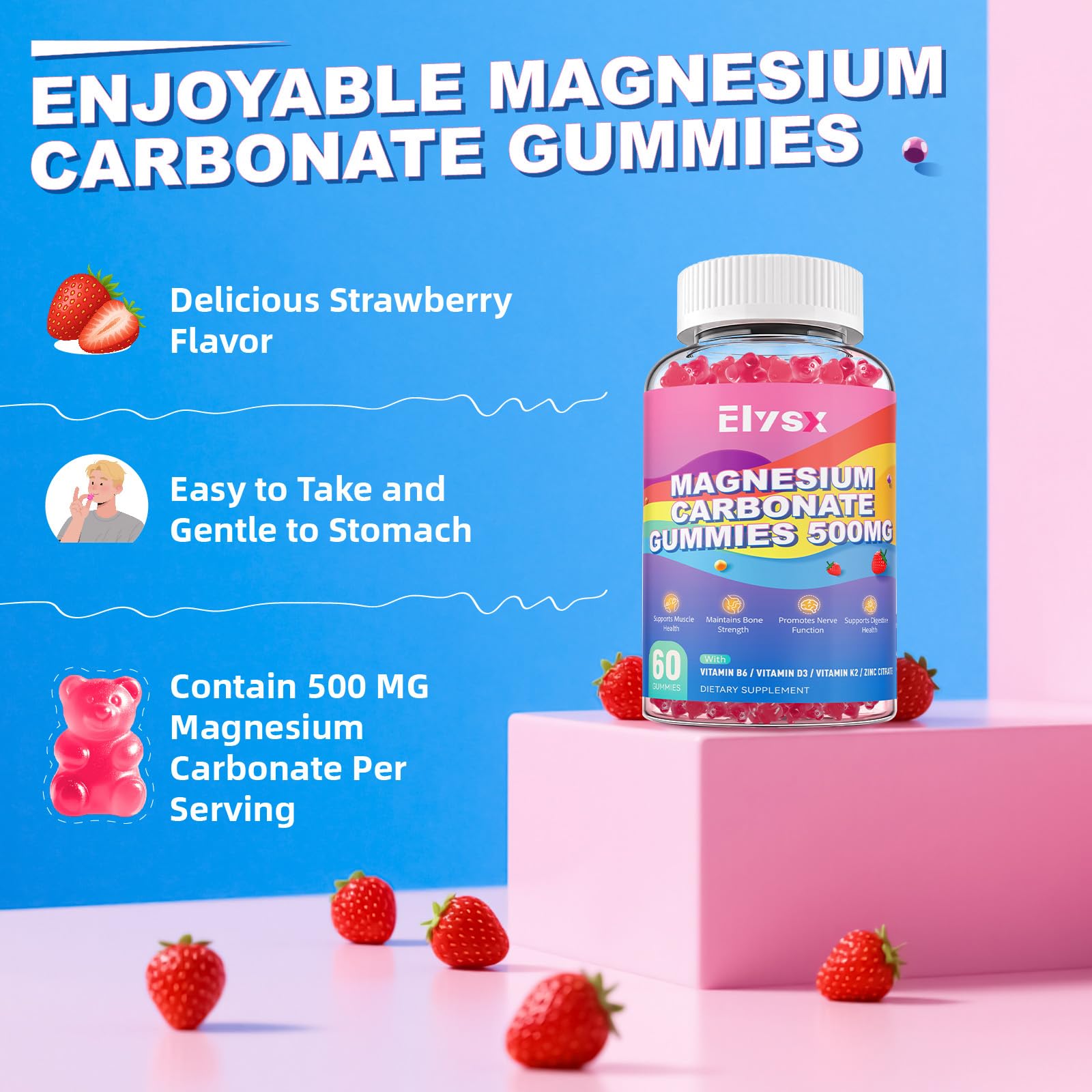 Elysx Magnesium Gummies displayed on a wooden table