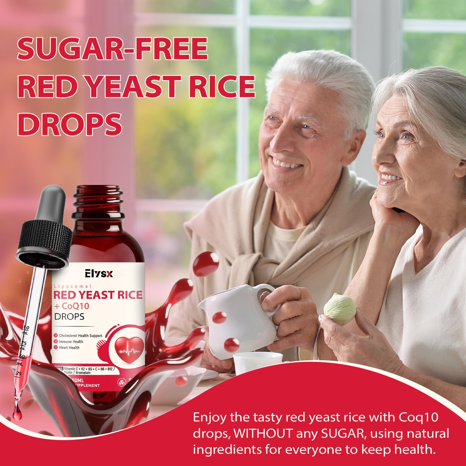 Elysx Red Yeast Rice with CoQ10 Drops on a kitchen counter