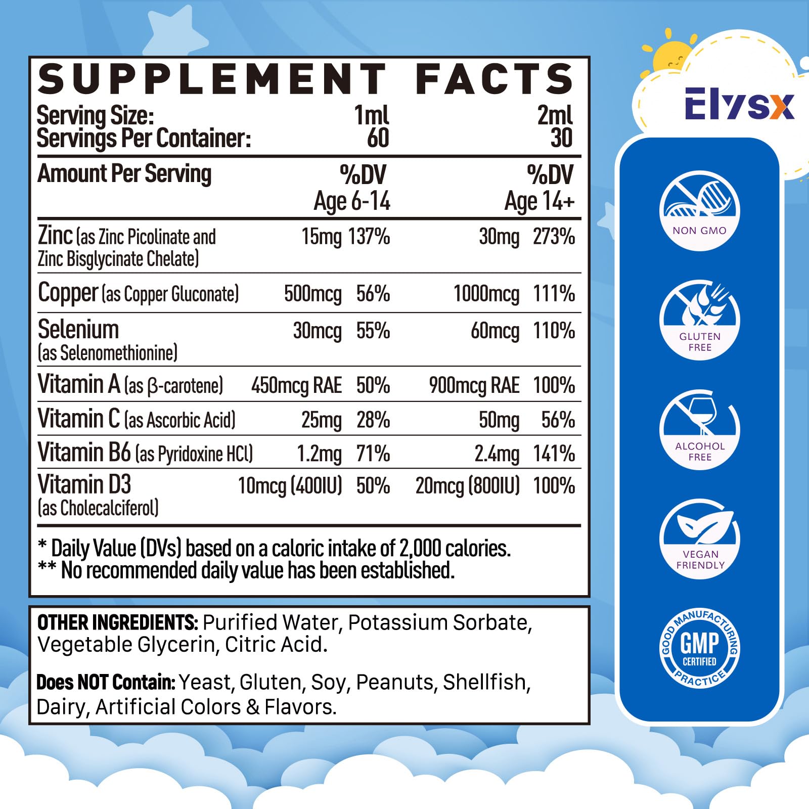 Elysx Zinc Picolinate Drops 150g bottle side view
