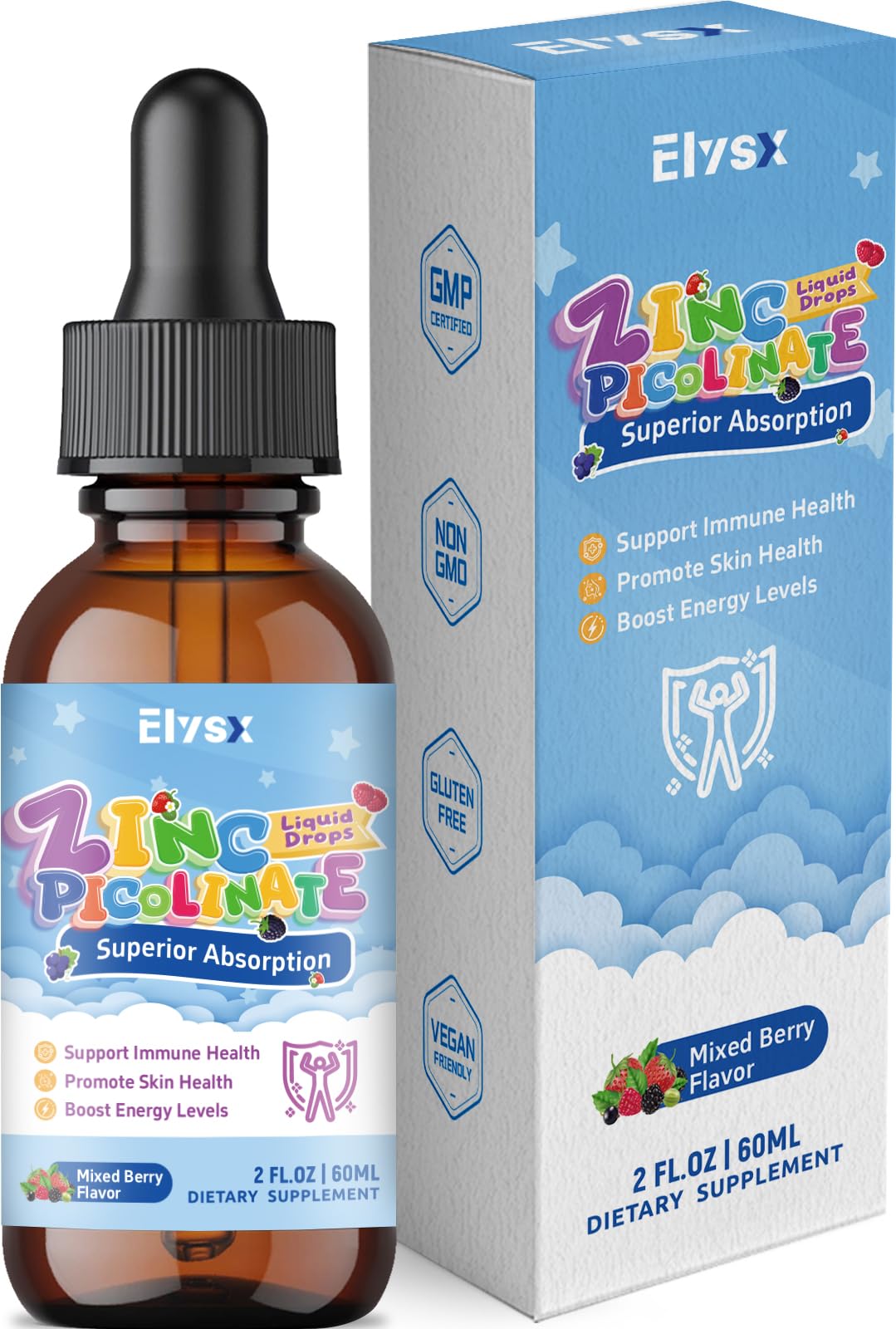 Elysx Zinc Picolinate Drops 150g front view with mixed berry flavour