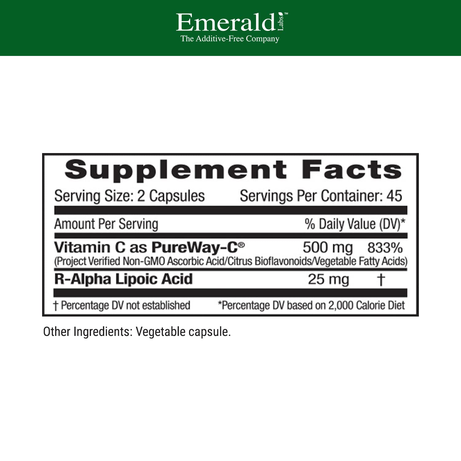 EMERALD LABS Alpha Lipoic Acid with Vitamin C 500mg capsules side view