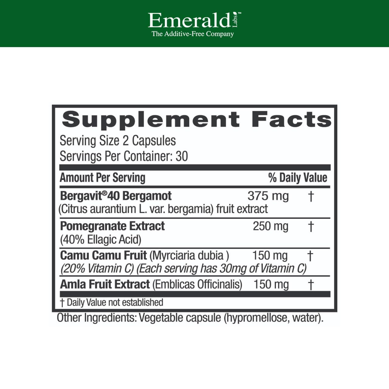 EMERALD LABS Bergamot+ bottle with label details