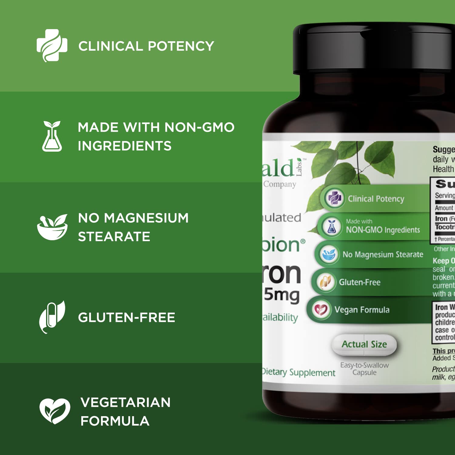 EMERALD LABS Gentle Iron Supplement capsules on a wooden surface