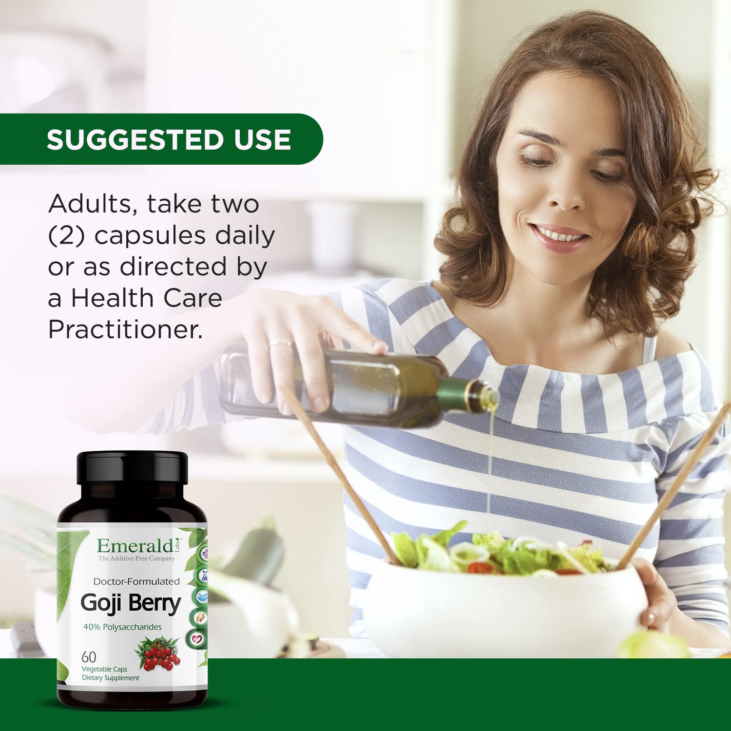 EMERALD LABS Goji Berry Capsules 60 Count on a wooden table