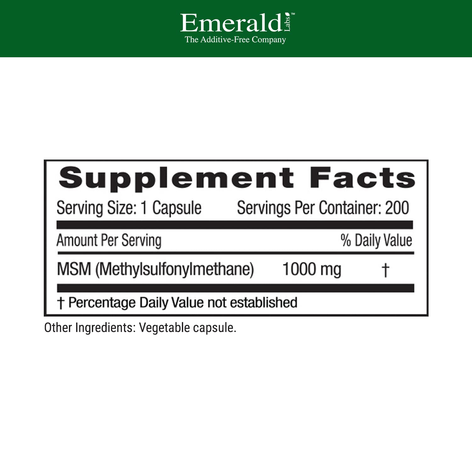 EMERALD LABS MSM Supplement 1000mg side view of bottle