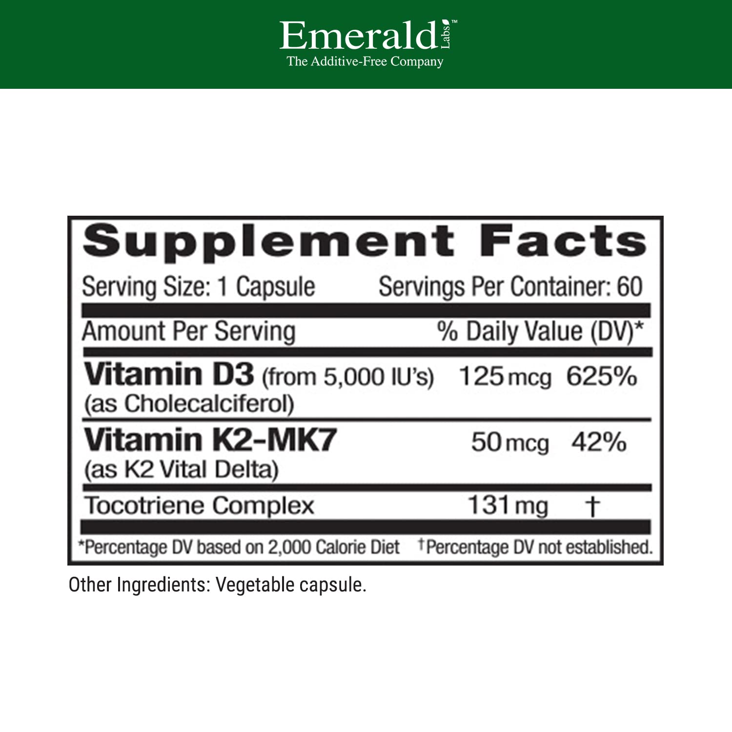 EMERALD LABS Vitamin D3 with K2 5000 IU 60 Capsules side view