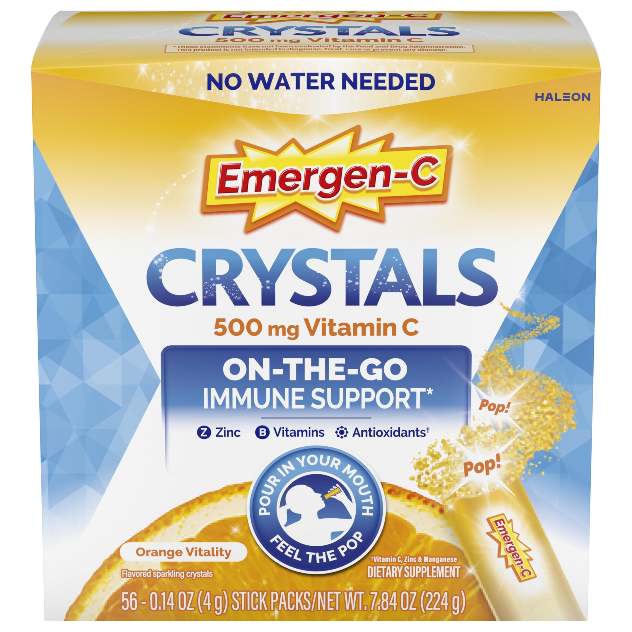 Emergen-C Crystals box front view with 56 stick packs