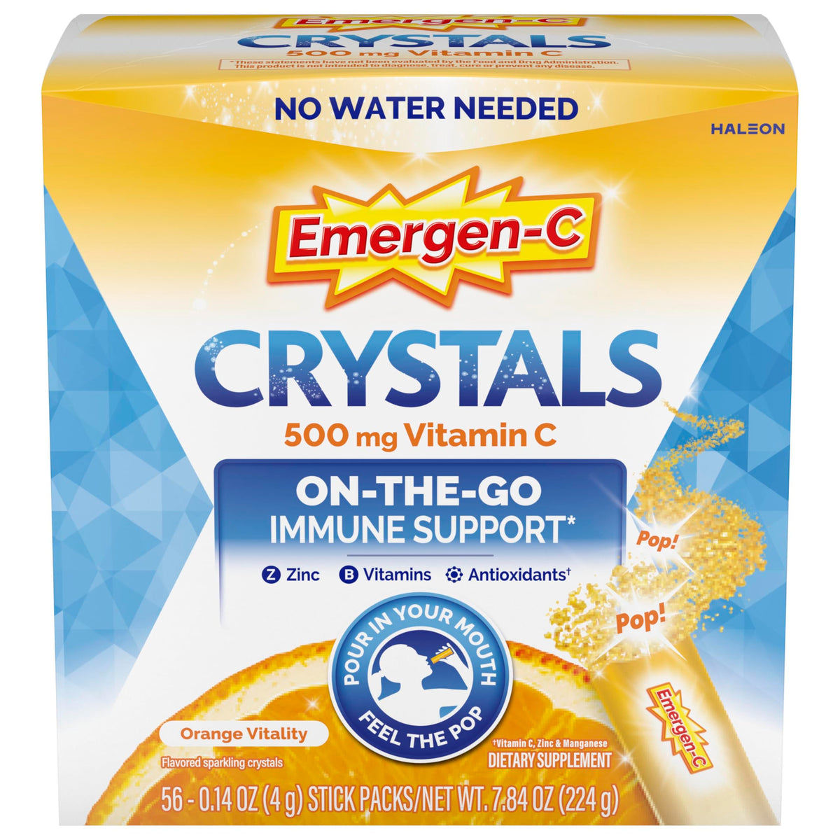 Emergen-C Crystals box front view with 56 stick packs