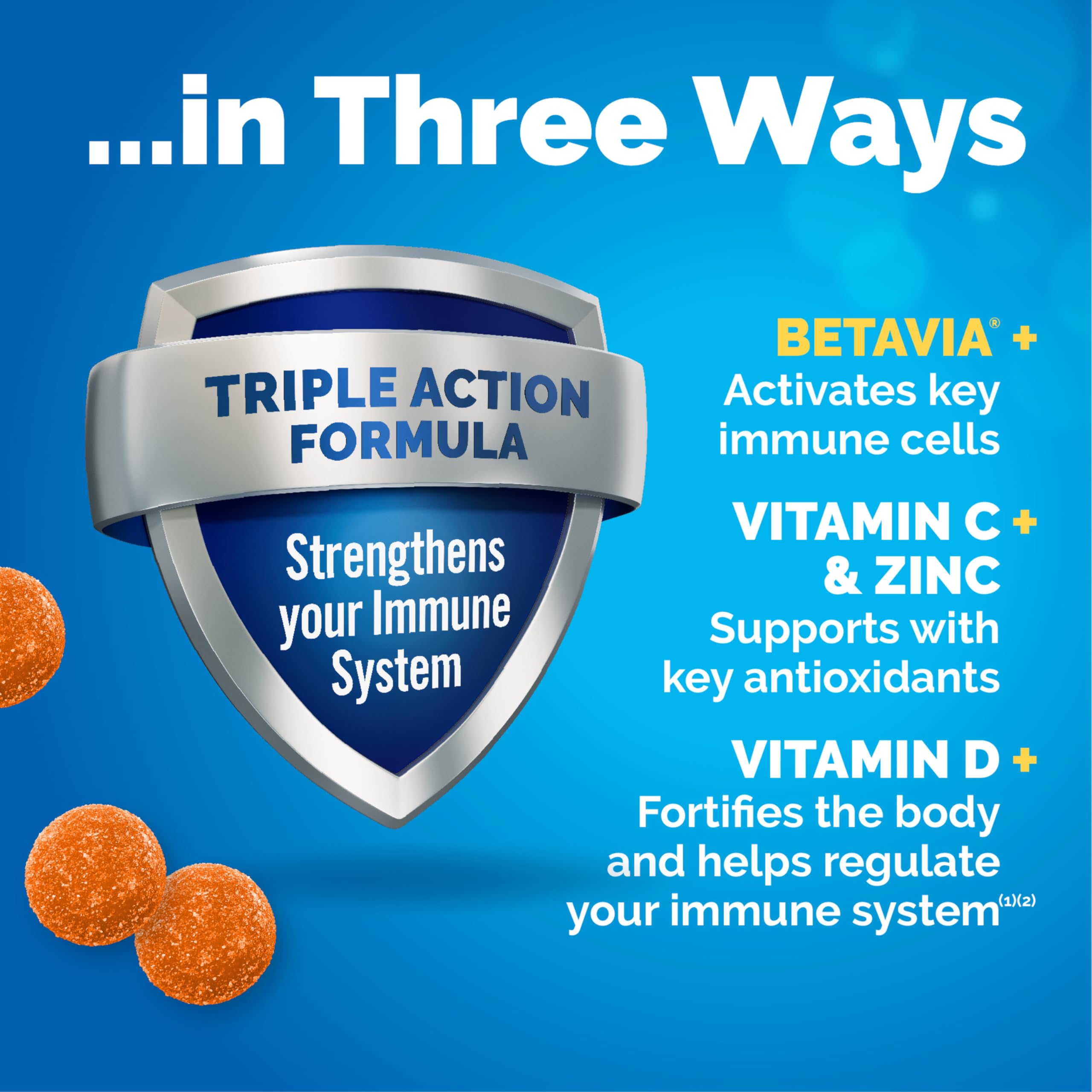 Emergen-C daily wellness+ Triple Action gummies on a wooden table