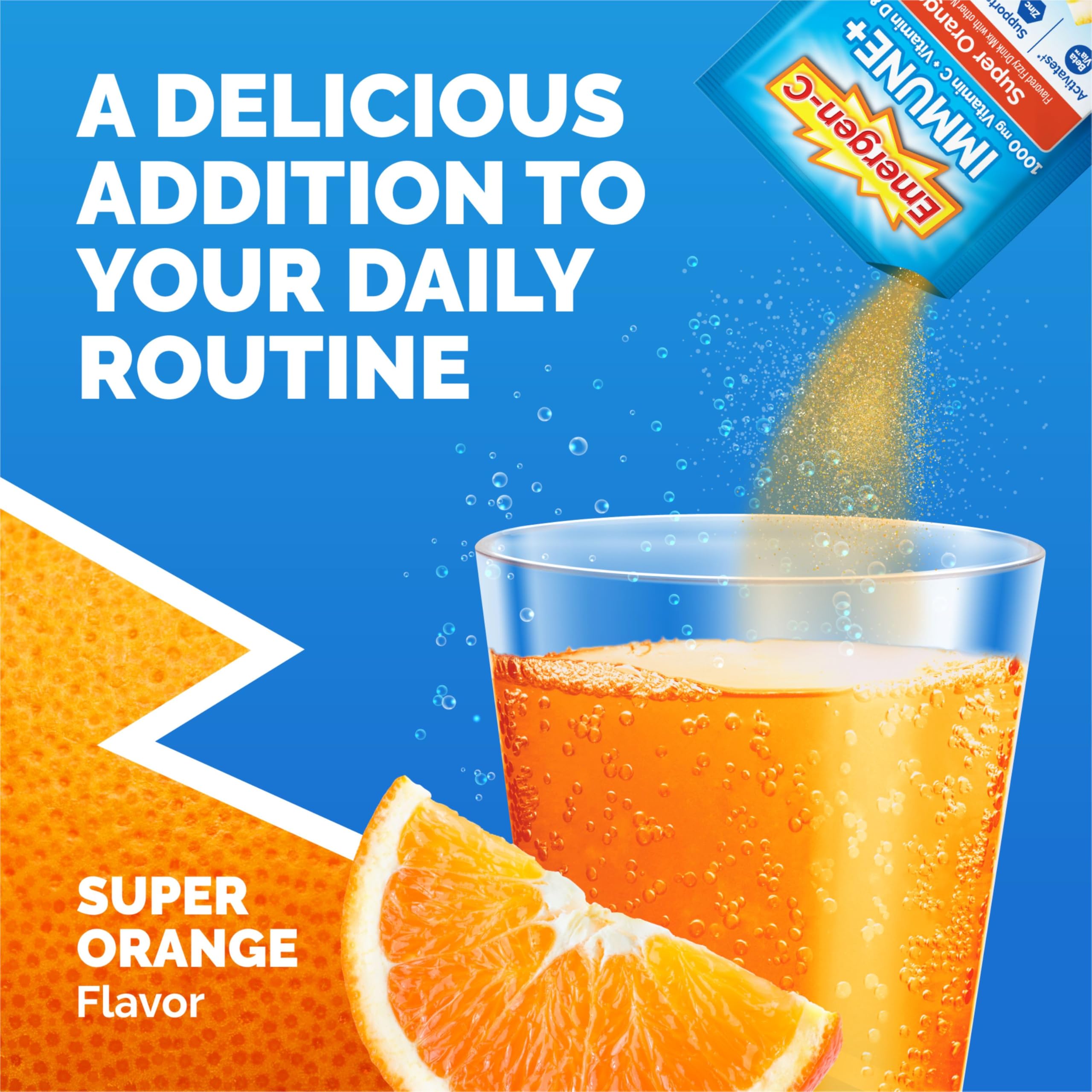 Emergen-C daily wellness+ Triple Action Powder with glass of water