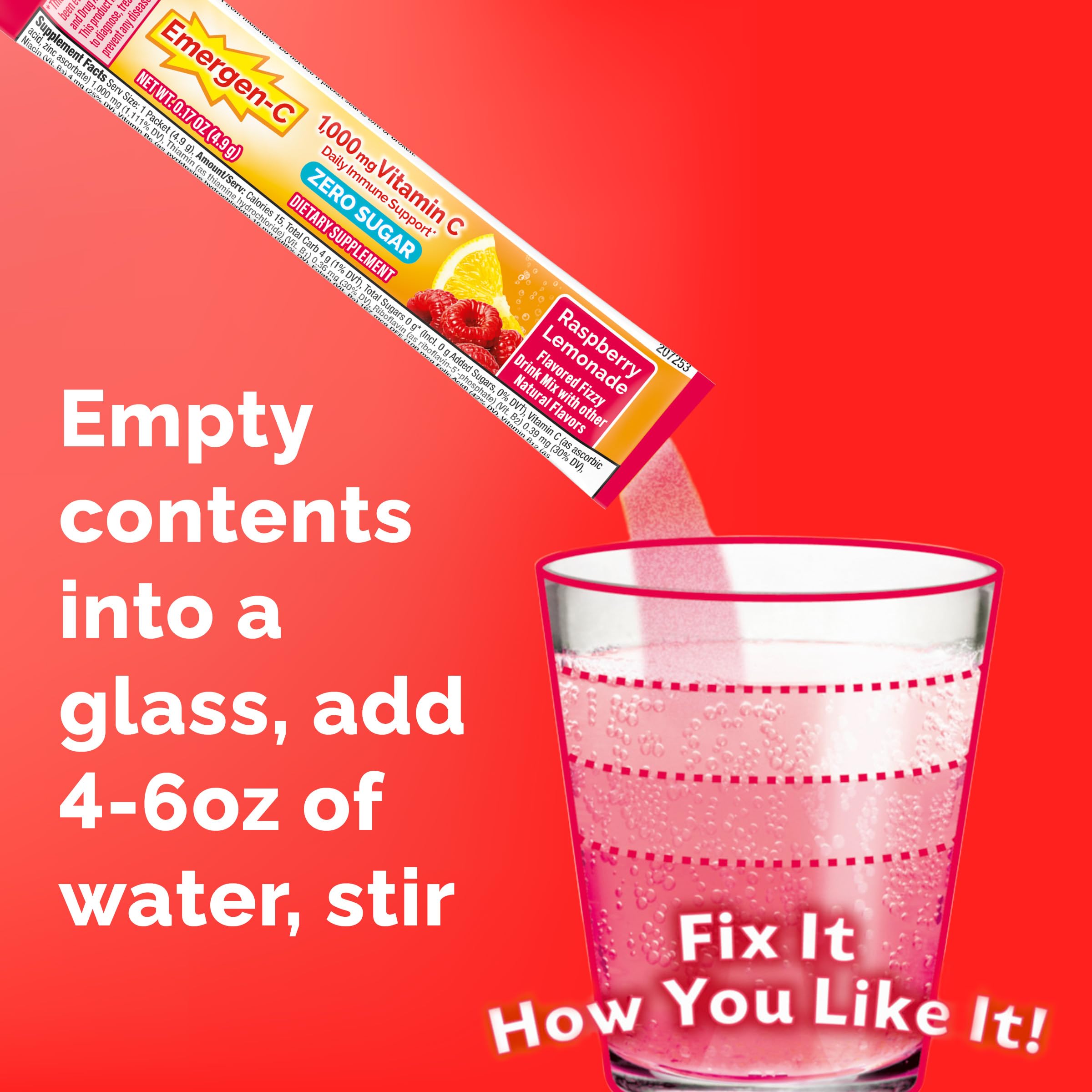 Emergen-C Vitamin C Powder 1000 mg Raspberry Lemonade packet close-up