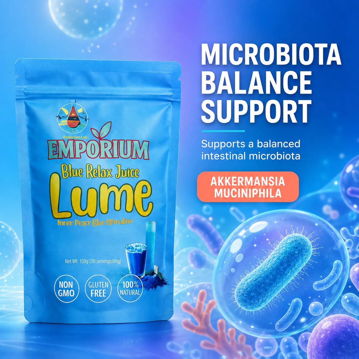 Emporium Lab ELOHIM LUME Blue daily wellness Drink Mix sachets displayed on a table