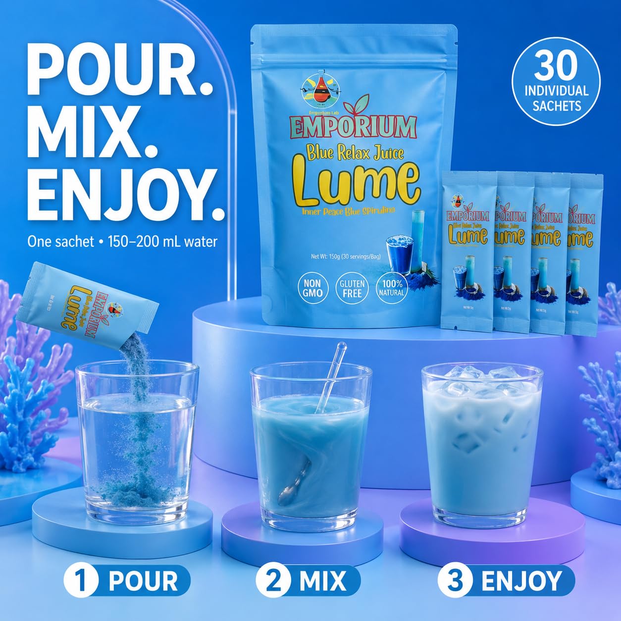 Emporium Lab ELOHIM LUME Blue daily wellness Drink Mix with a glass of water