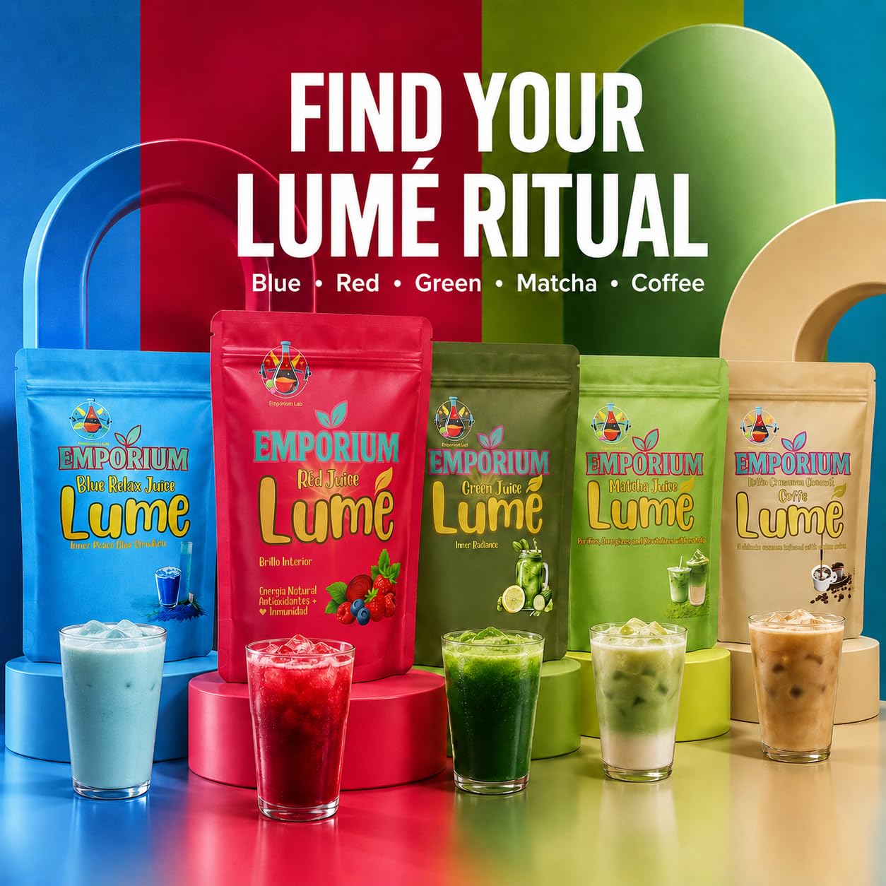Emporium Lab ELOHIM LUME Blue daily wellness Drink Mix with ingredients on a kitchen counter