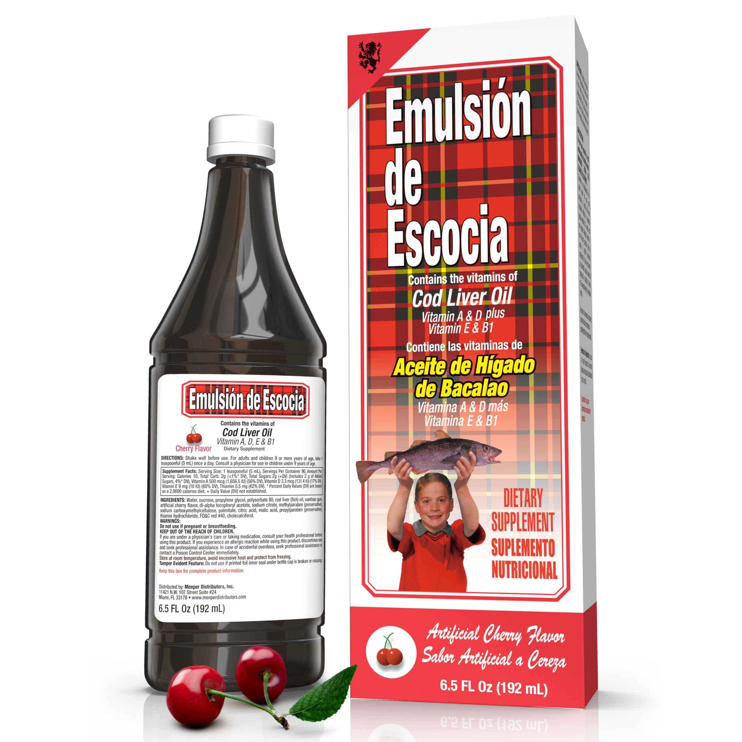 Emulsion de Escocia Cod Liver Oil Liquid 272g front view with Cherry flavour