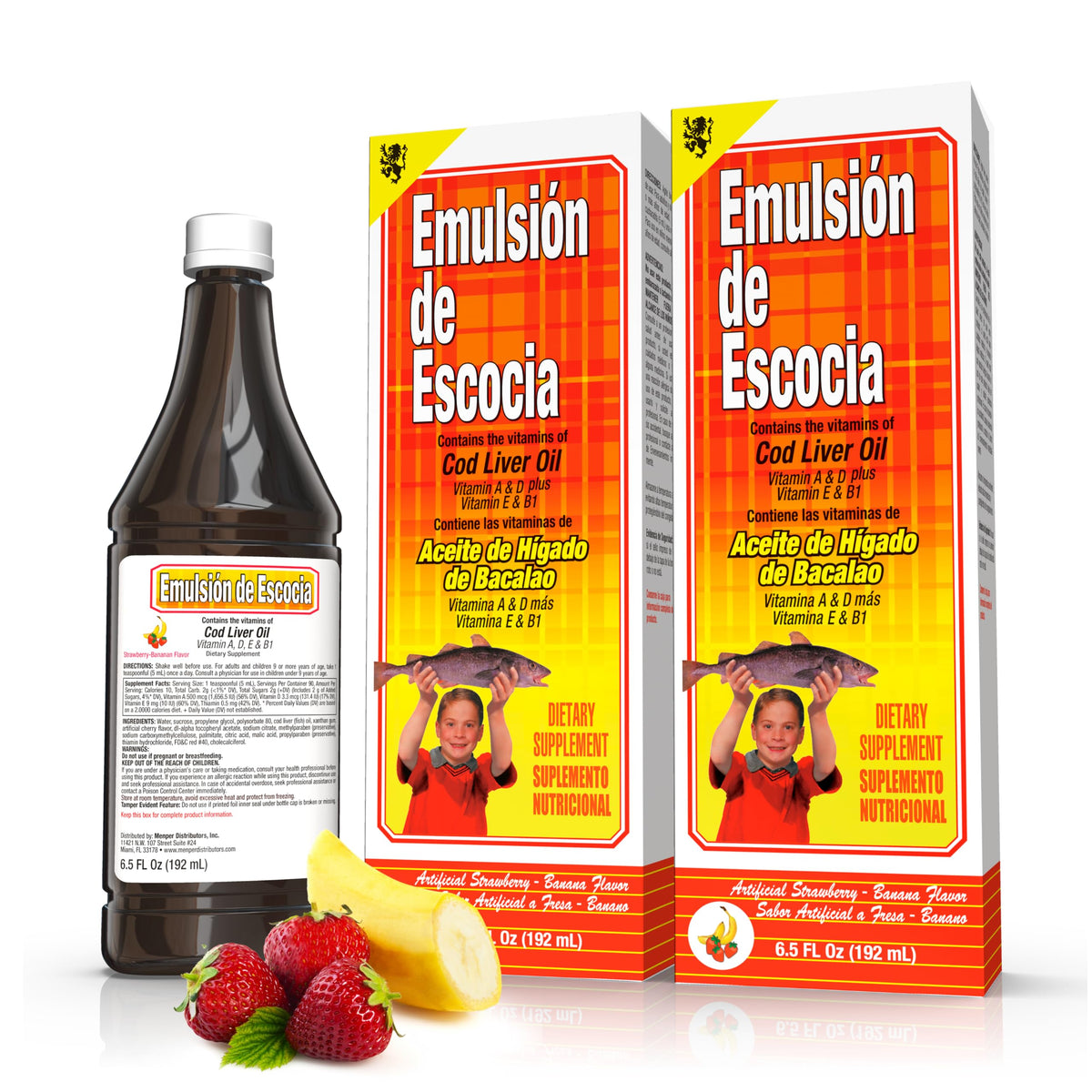 Emulsion de Escocia Cod Liver Oil Supplement front view with strawberry-banana flavour
