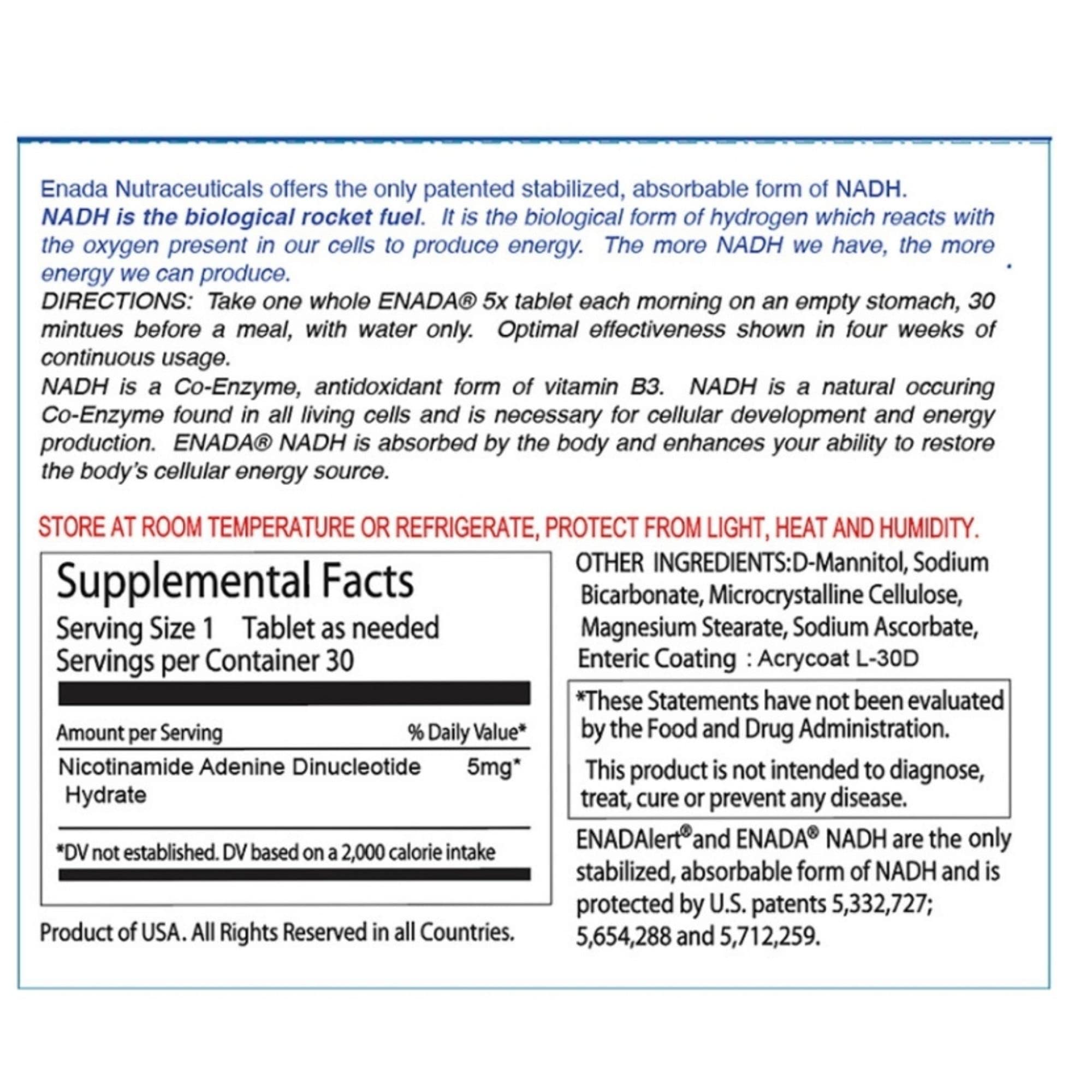 ENADA NADH tablet packaging with nutritional information