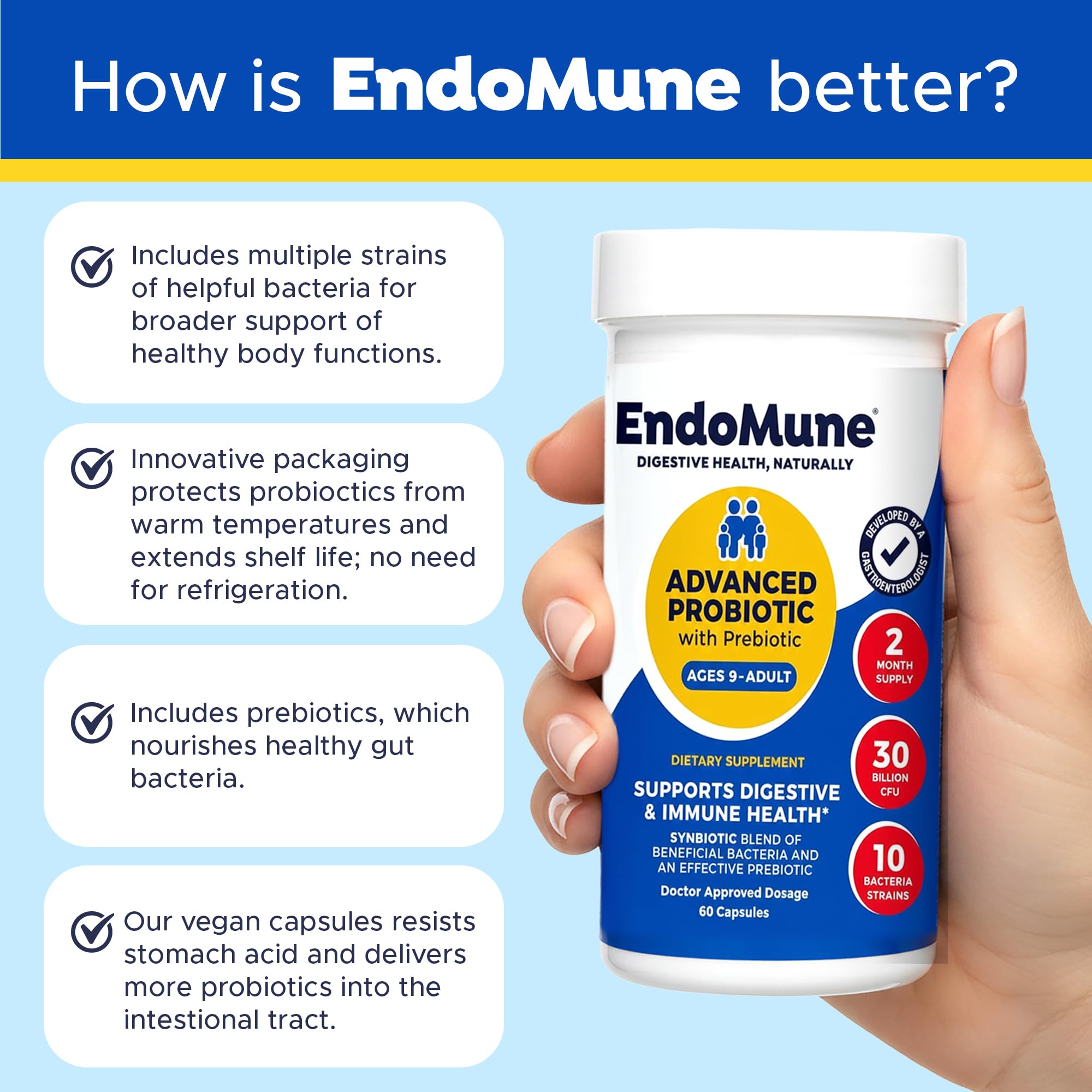 Endomune Probiotic Supplement in hand with a glass of water
