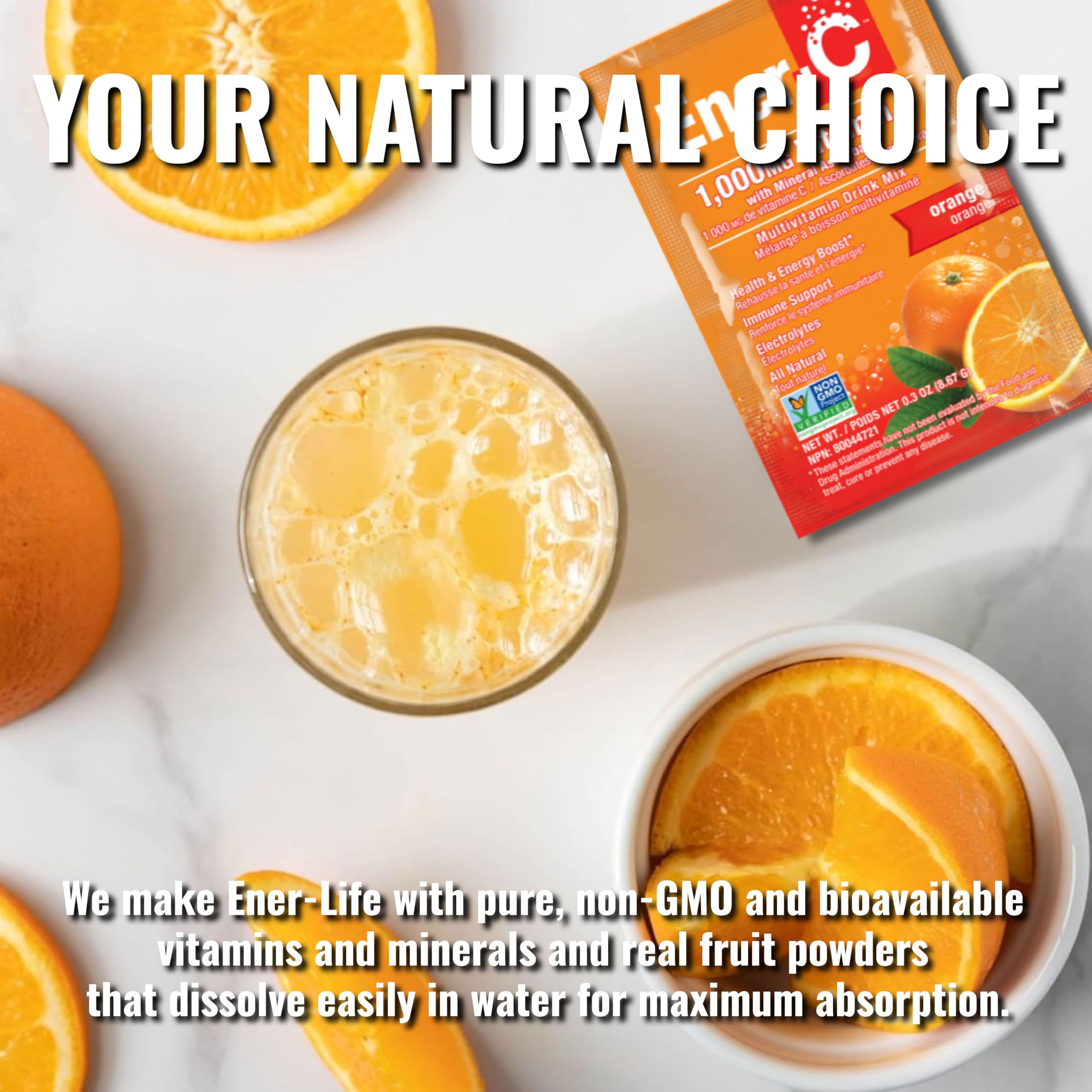 Ener-C Multivitamin Powder Packets displayed with real fruit