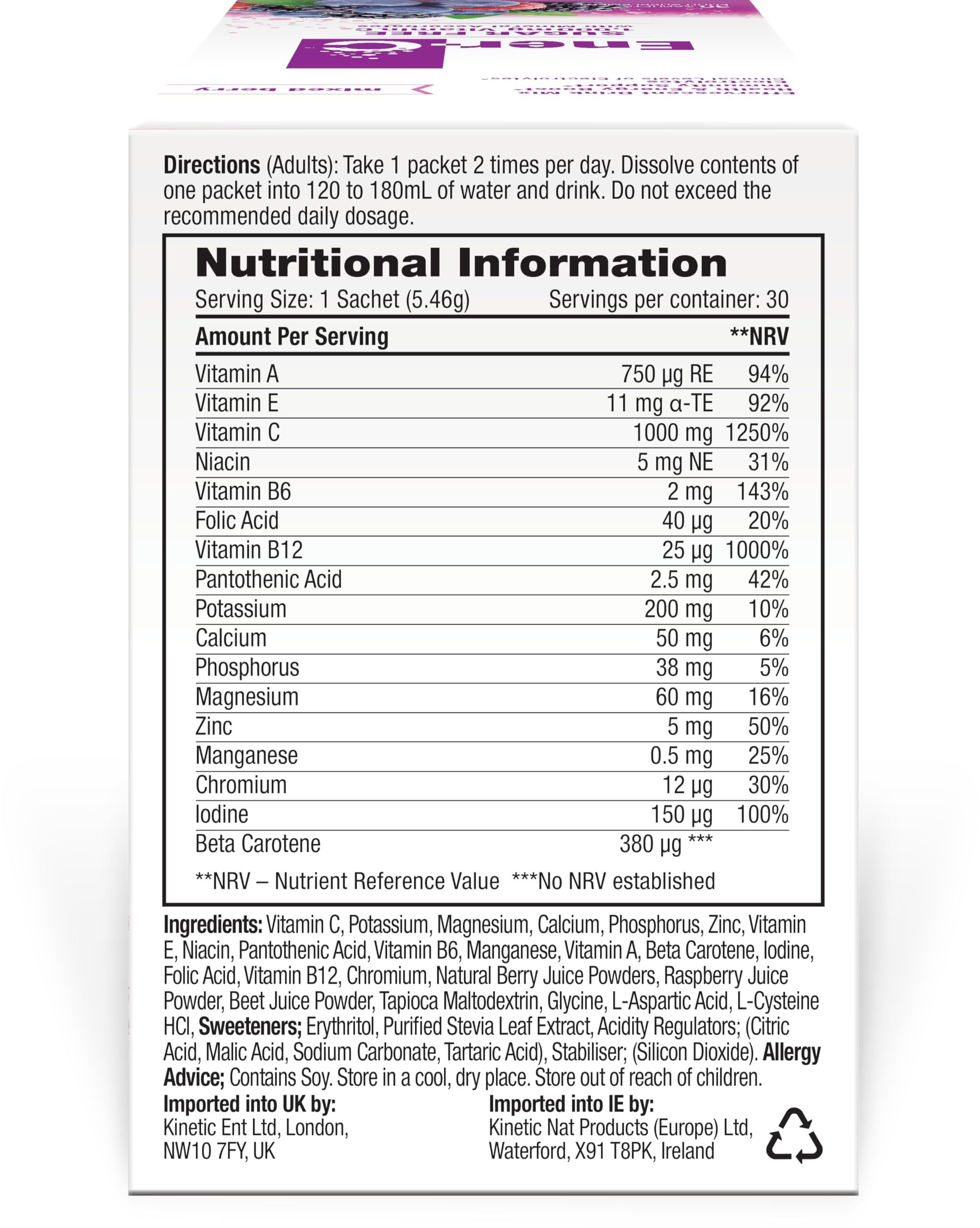 Ener-C Vitamin C Hydration Powder Packets back view with ingredients