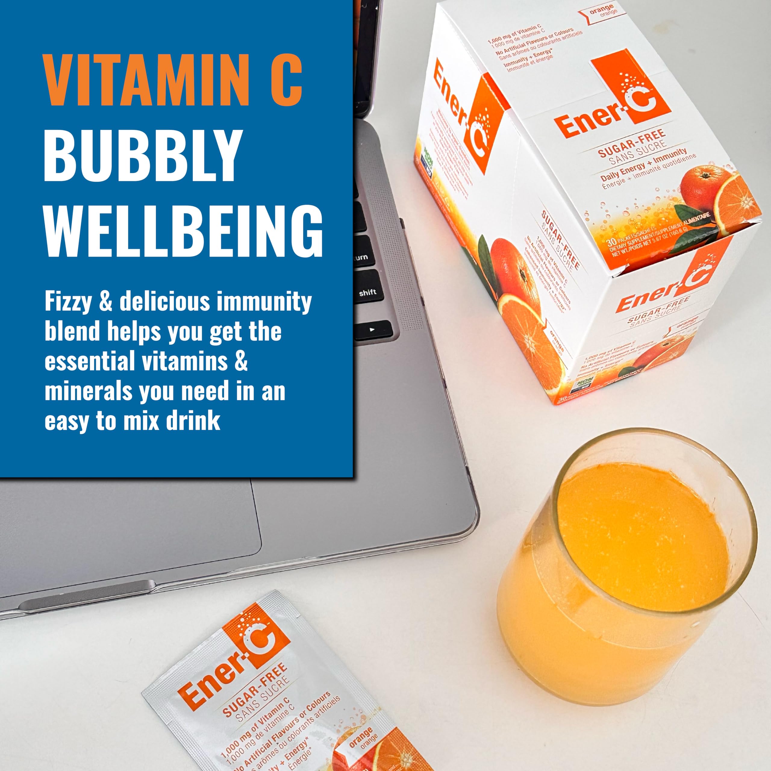 Ener-C Vitamin C Powder Packets in a glass of water