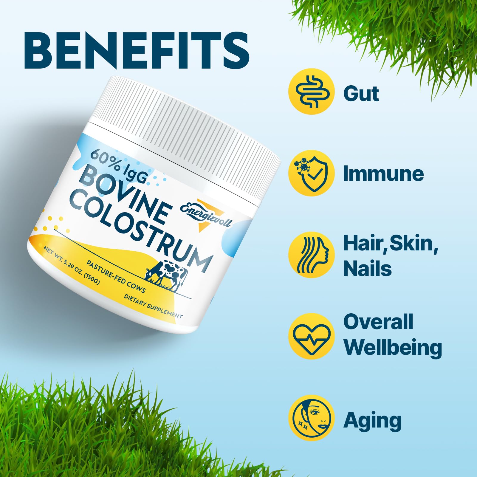 Energievoll Grass-Fed Colostrum Powder in a glass of water