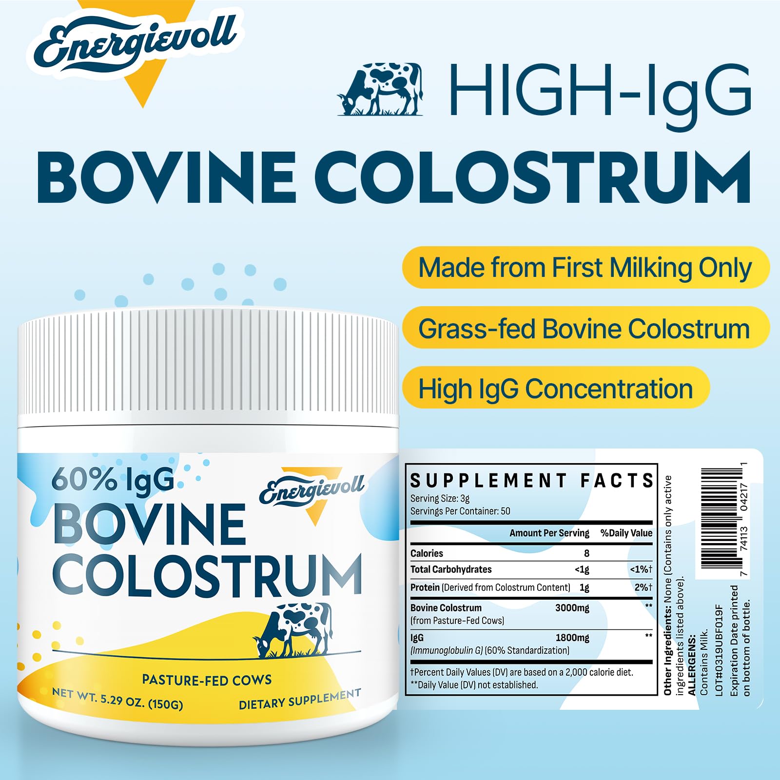 Energievoll Grass-Fed Colostrum Powder scoop with powder