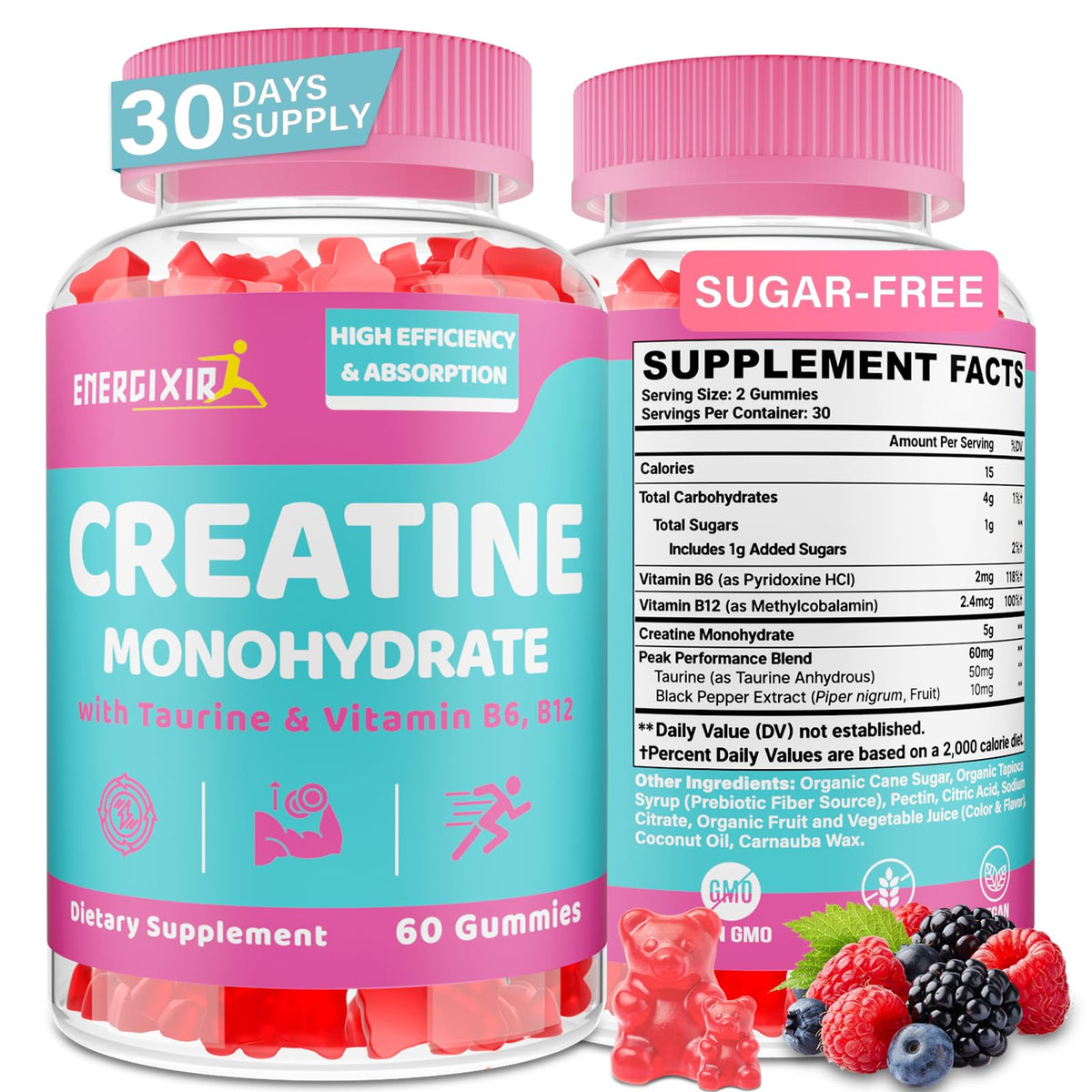 Energixir Creatine Monohydrate Gummies front view with packaging