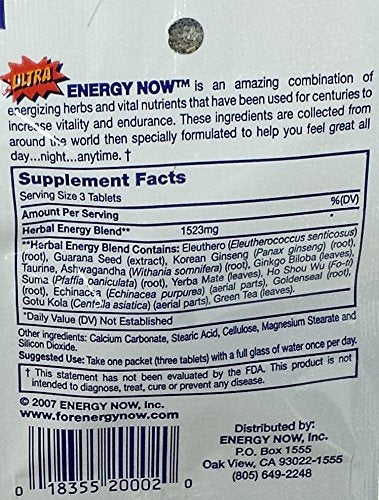 Energy Now Ultra Energy Ginseng Herbal Supplement packaging side view